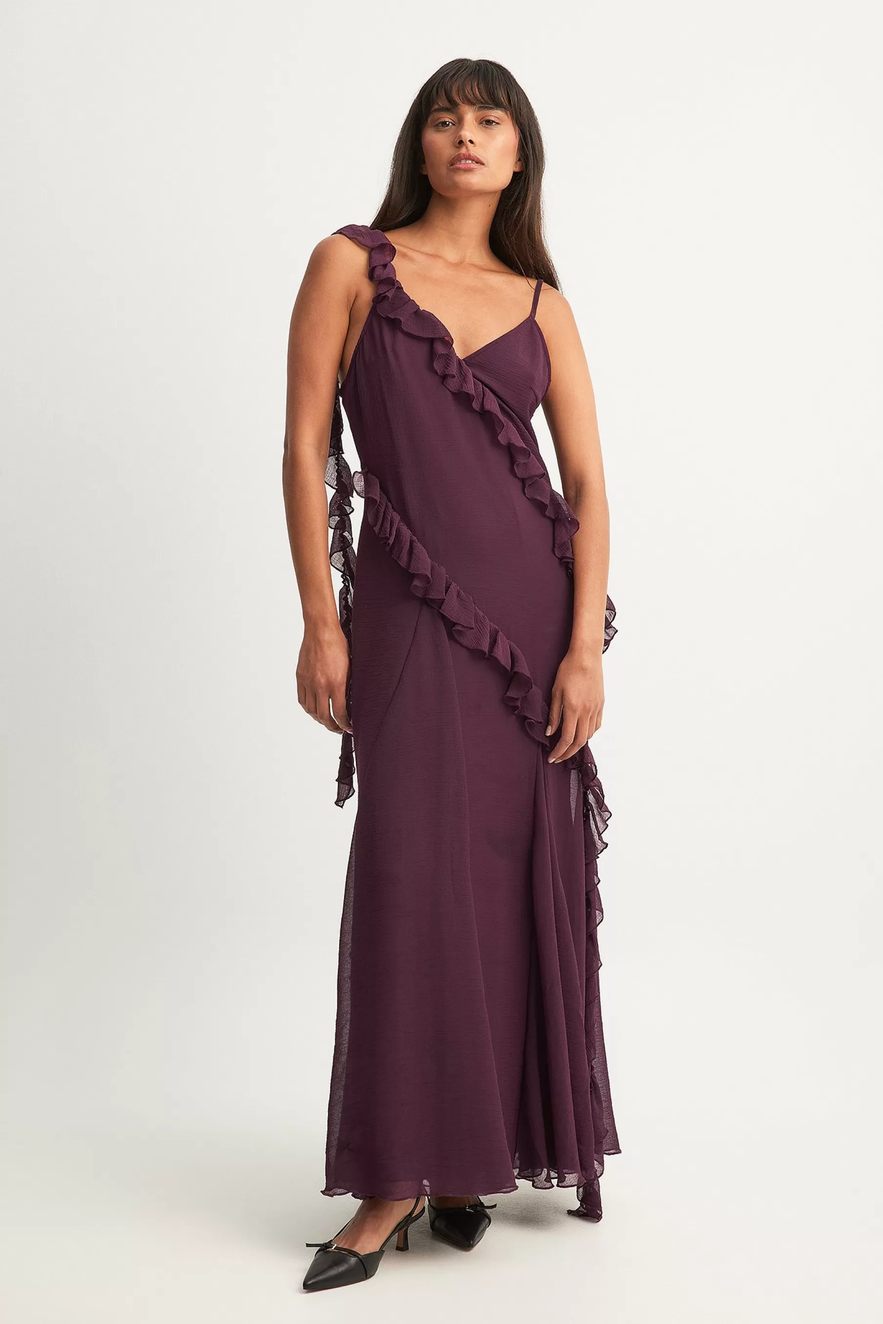 NA-KD Ruffle Detail Chiffon Maxi Dress Purple