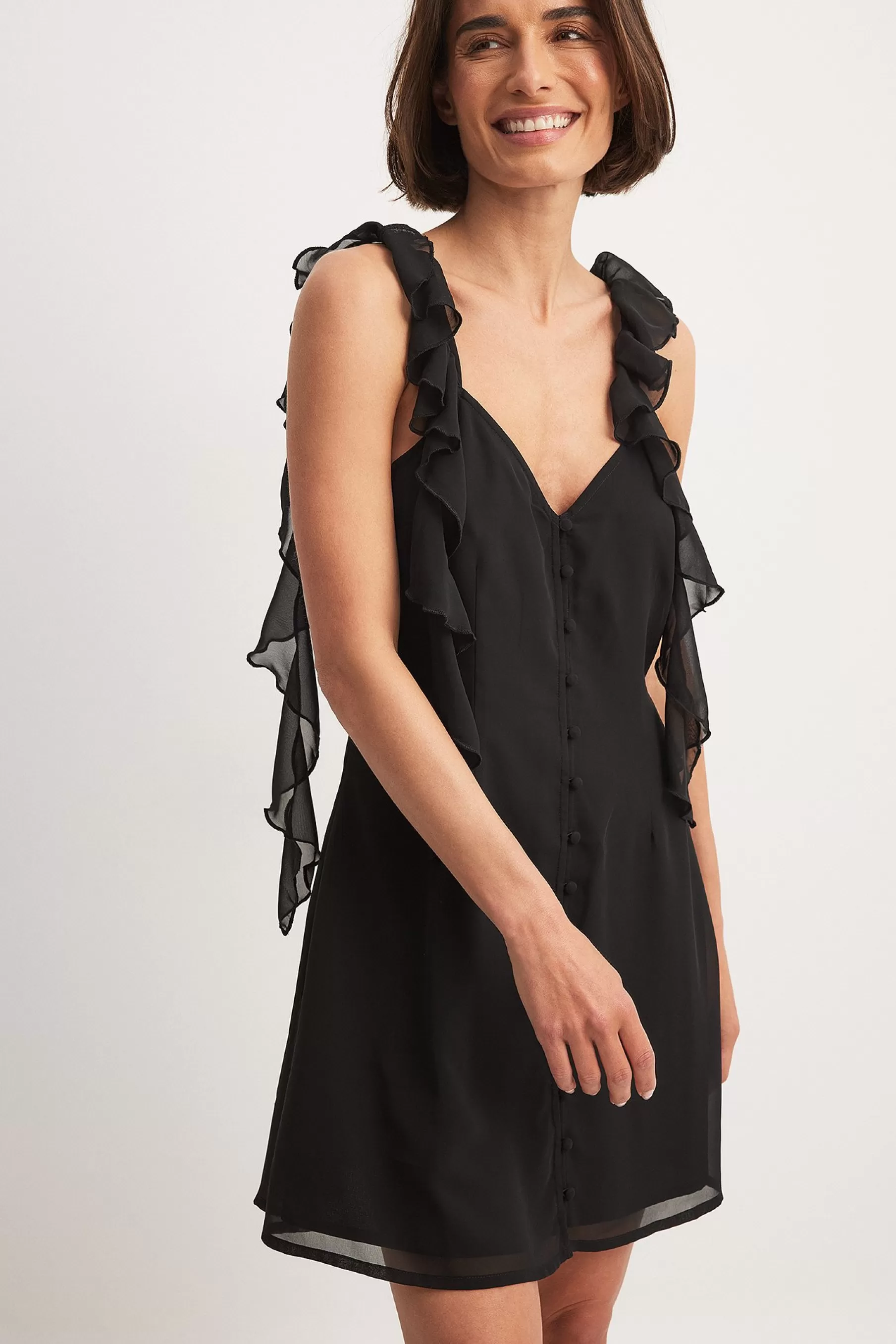 NA-KD Ruffle Shoulder Chiffon Mini Dress Black