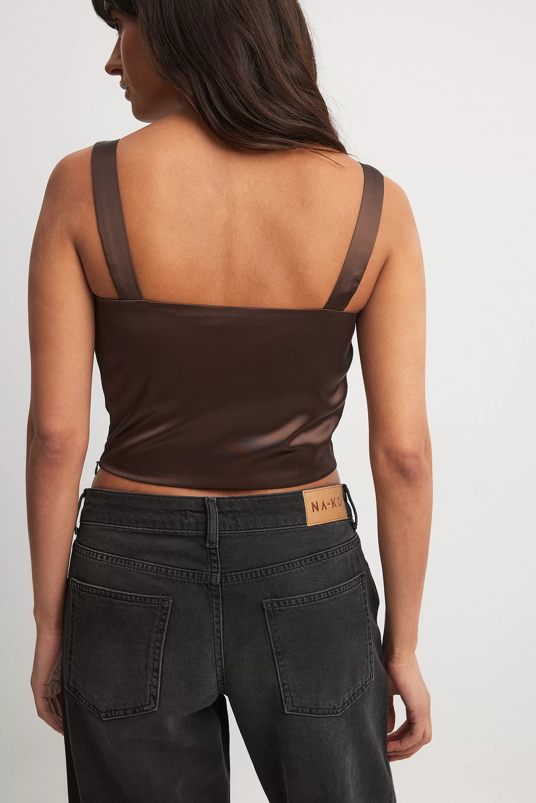 NA-KD Satin Corset Crop Top Brown