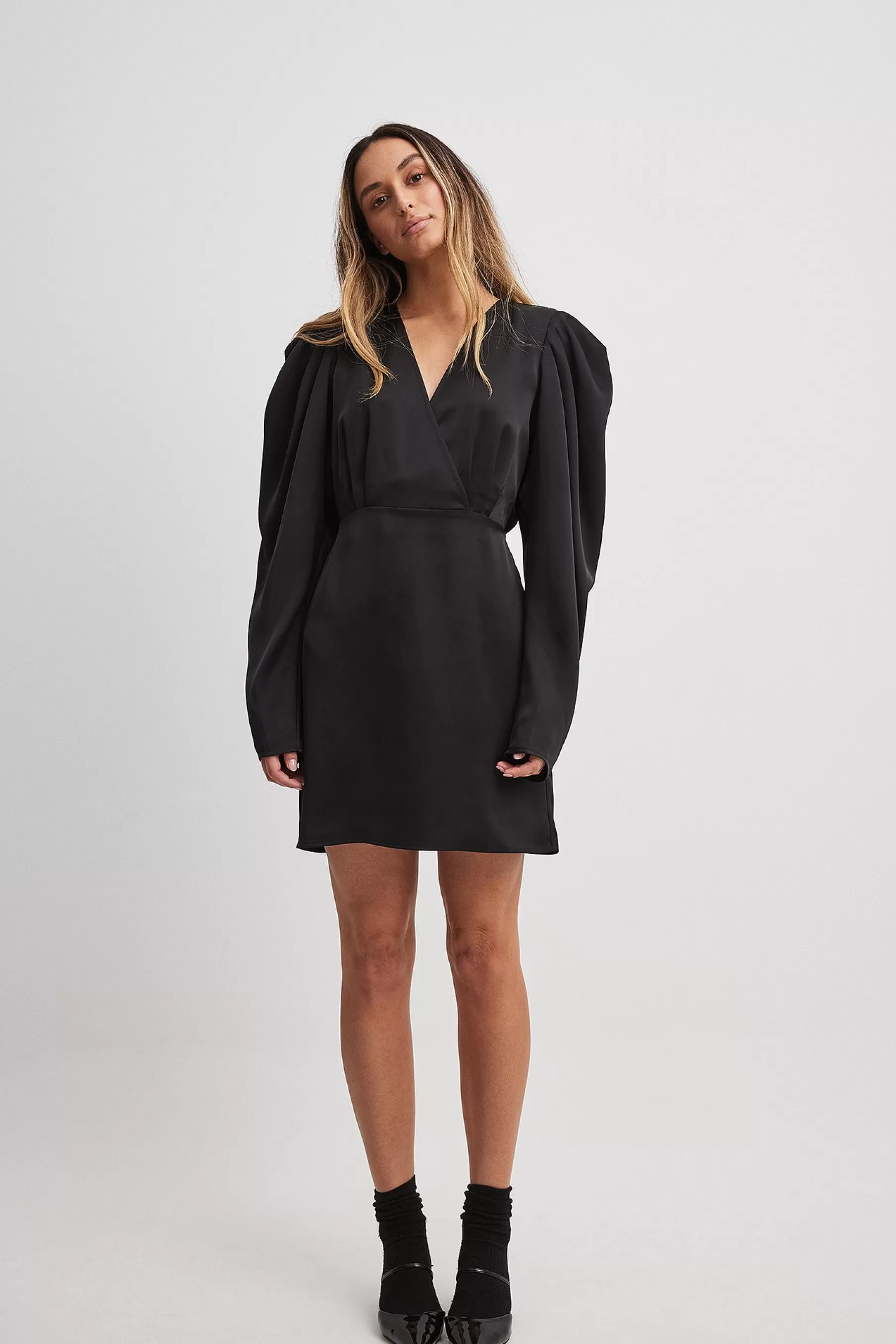 NA-KD Satin Gathered Shoulder Mini Dress Black