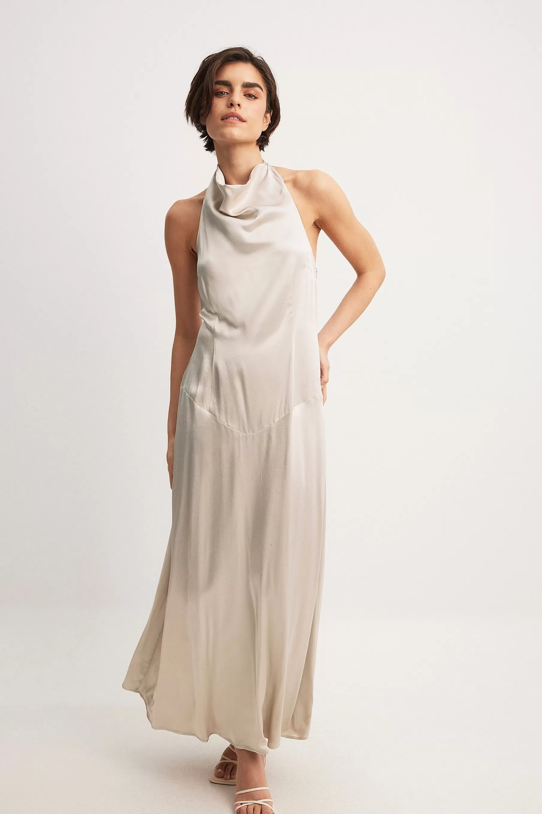 NA-KD Satin Halter Neck Maxi Dress Beige