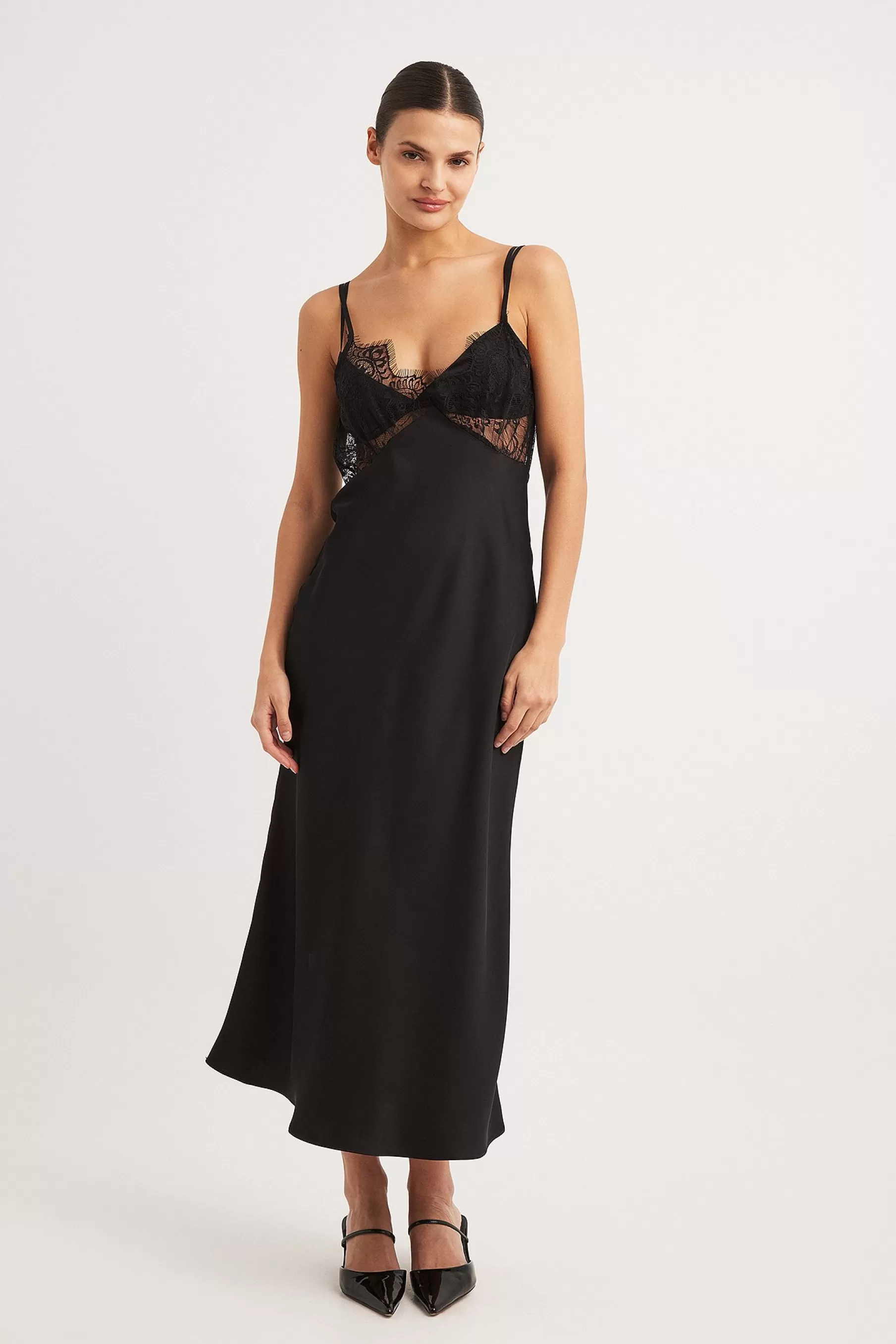 NA-KD Satin Lace Detail Midi Dress Black