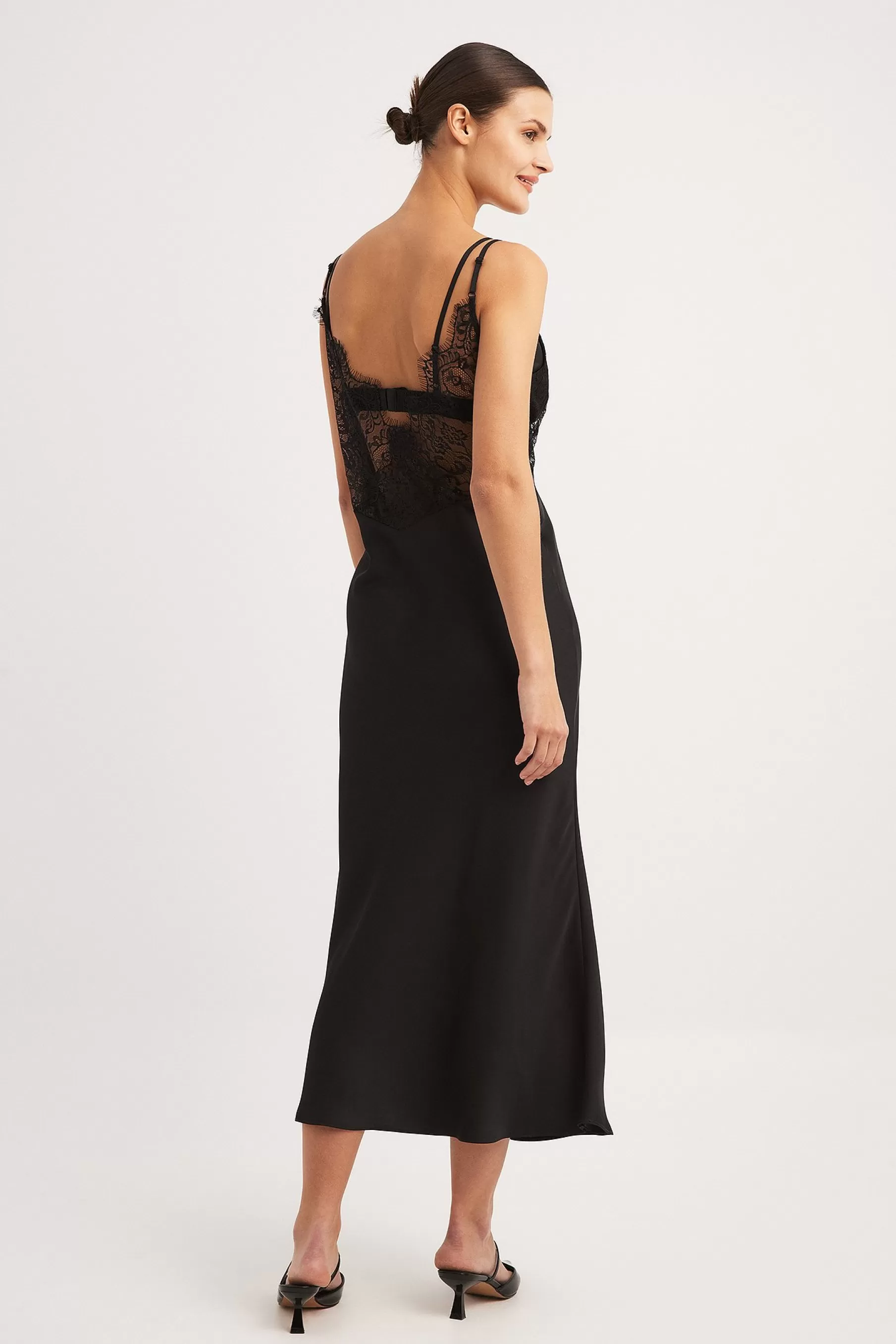 NA-KD Satin Lace Detail Midi Dress Black