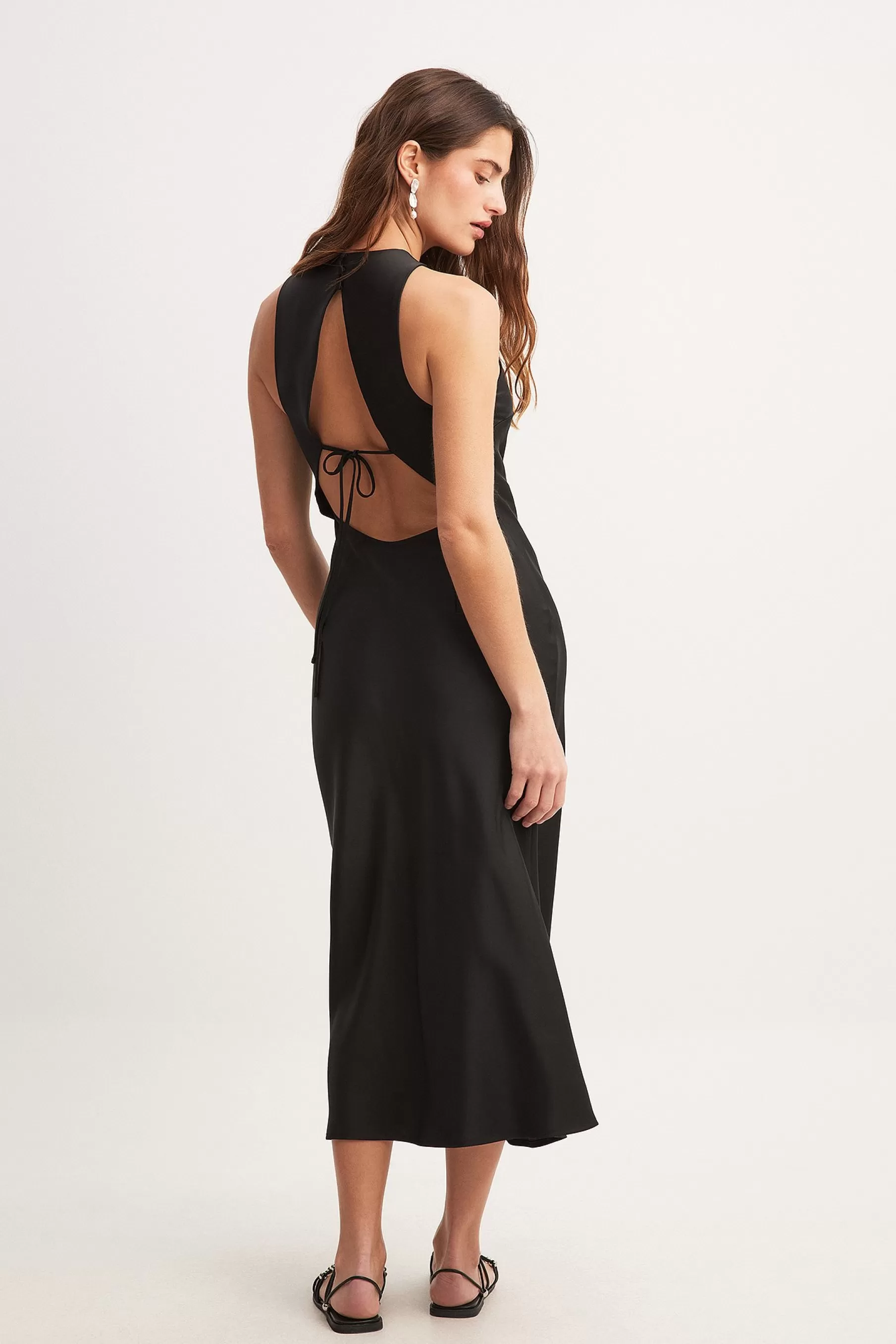 NA-KD Satin Open Back Midi Dress Black