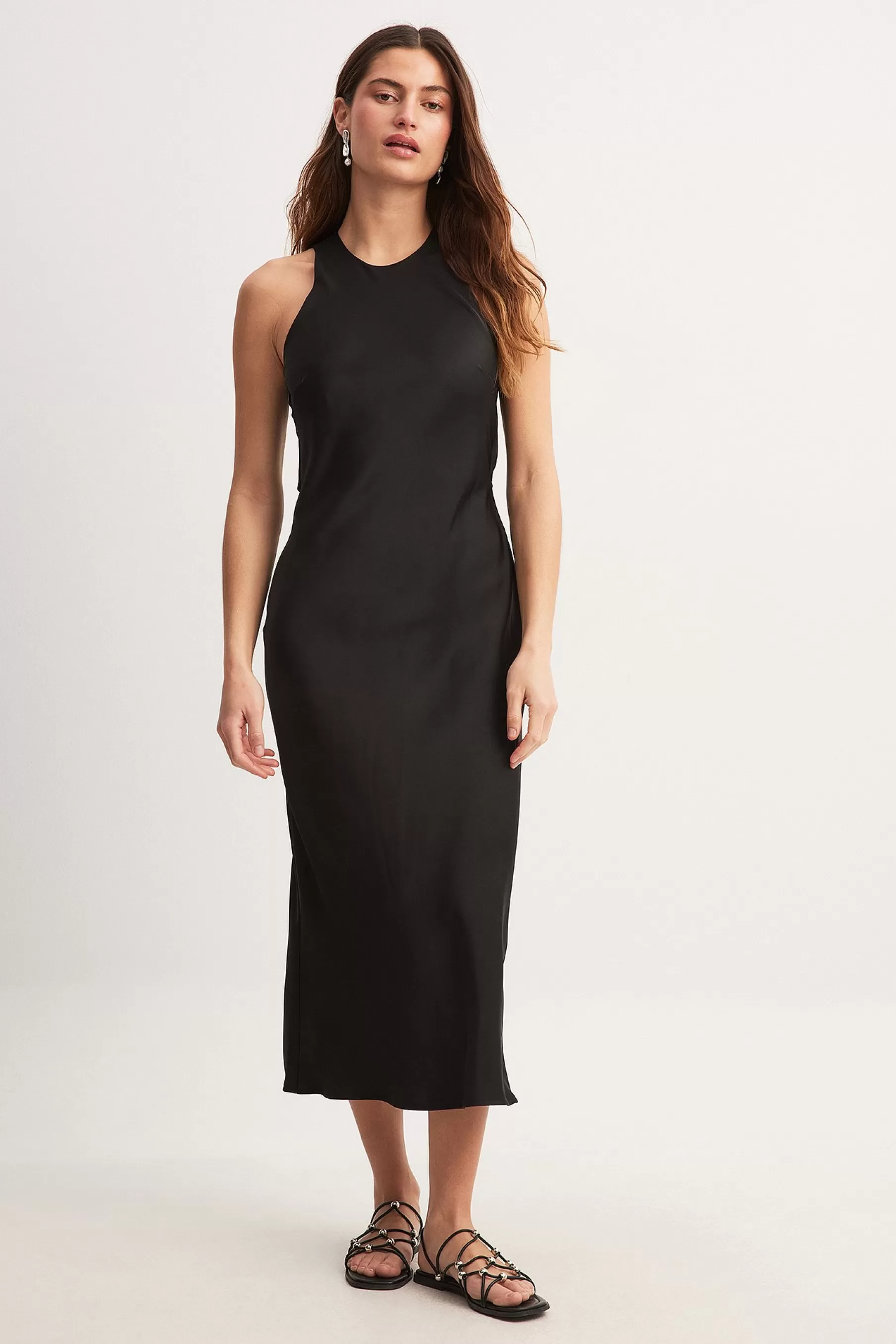 NA-KD Satin Open Back Midi Dress Black