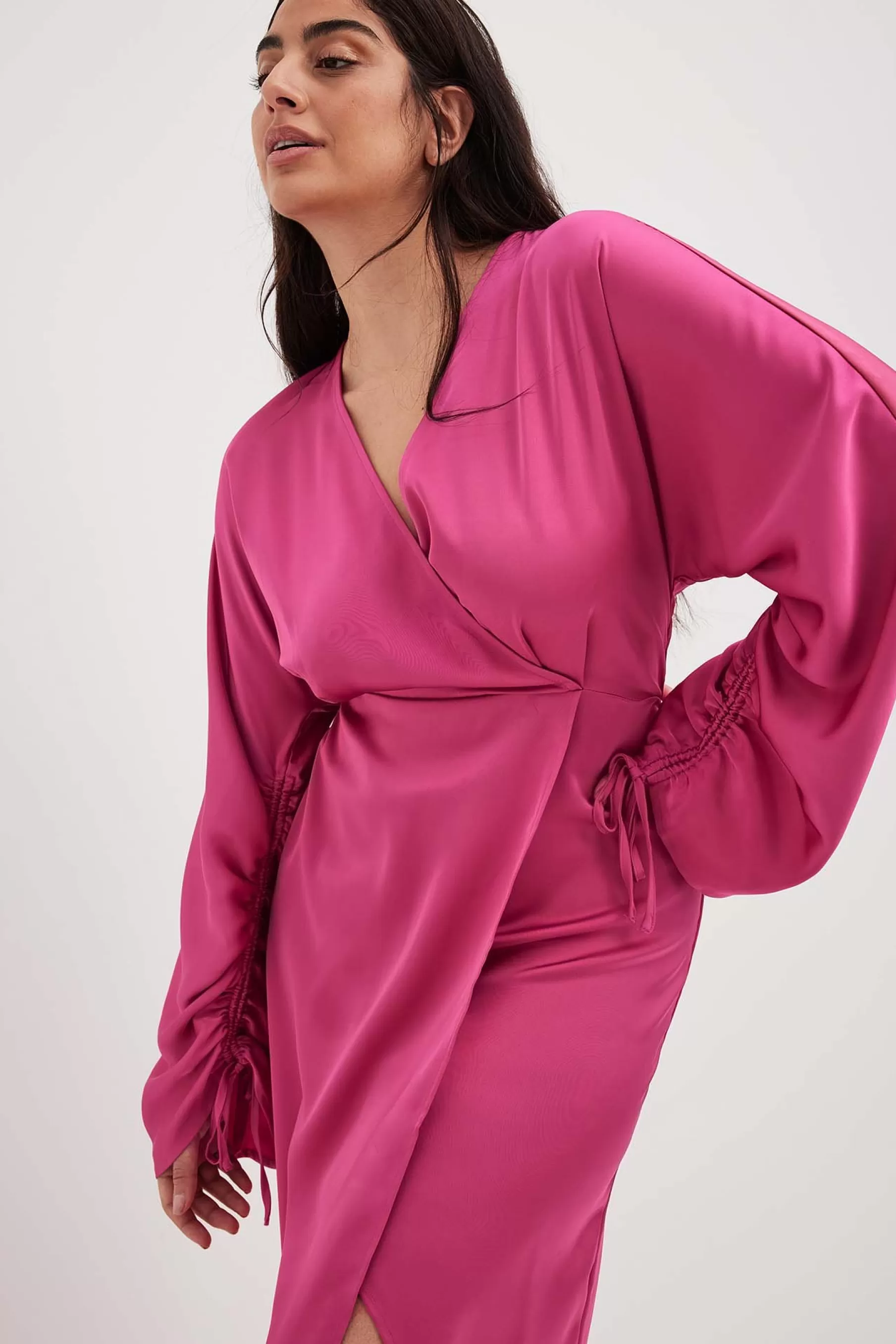 NA-KD Satin Overlap Tie Sleeve Maxi Dress Pink