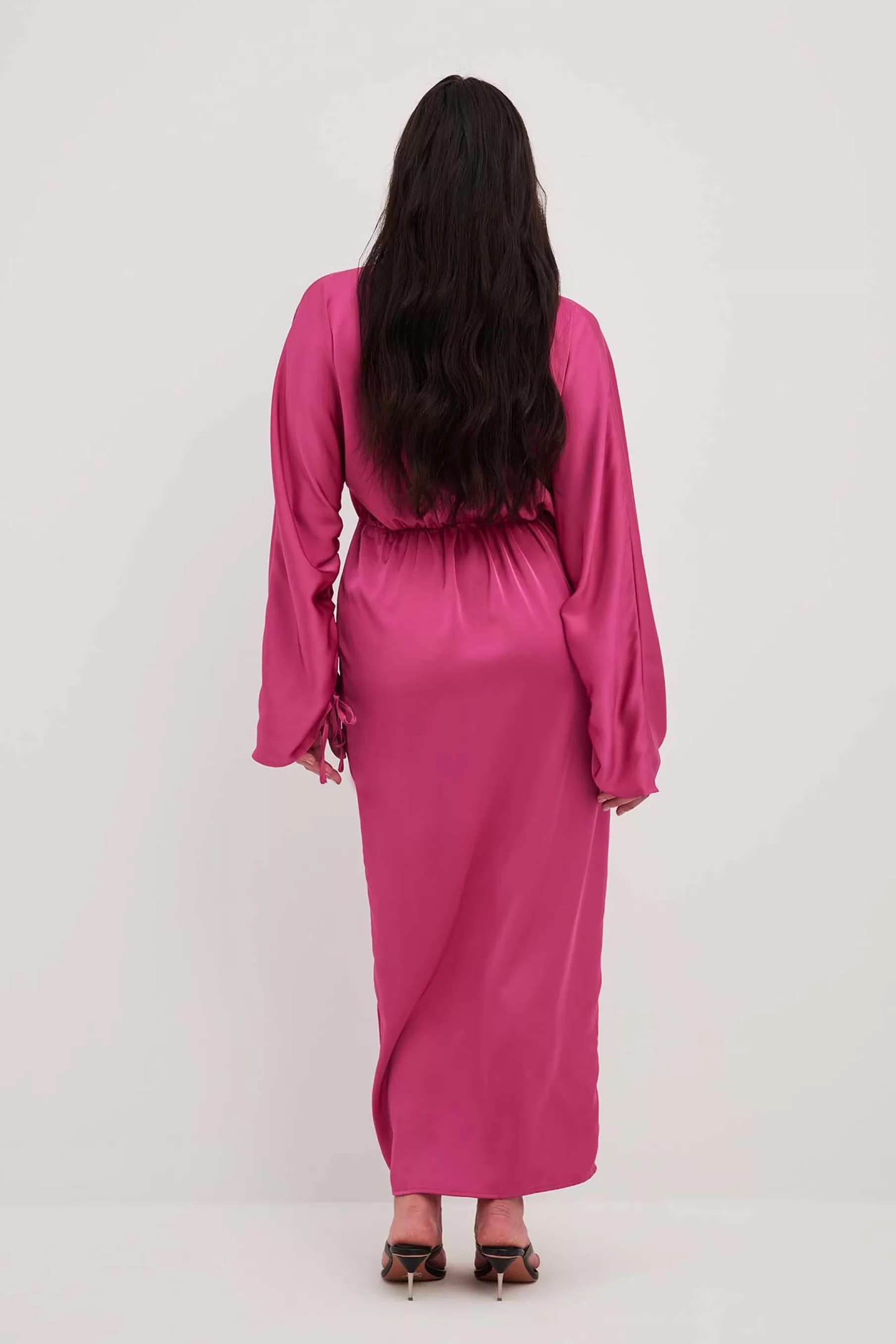 NA-KD Satin Overlap Tie Sleeve Maxi Dress Pink