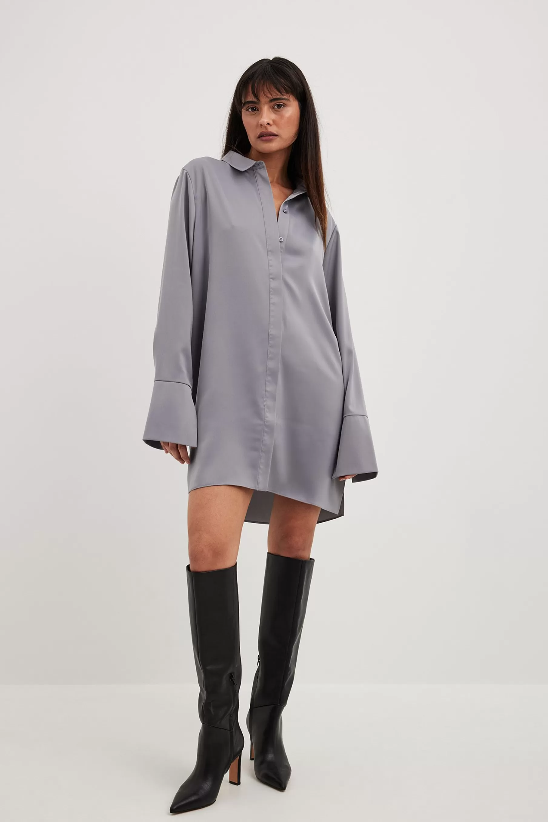 NA-KD Satin Shirt Dress Grey