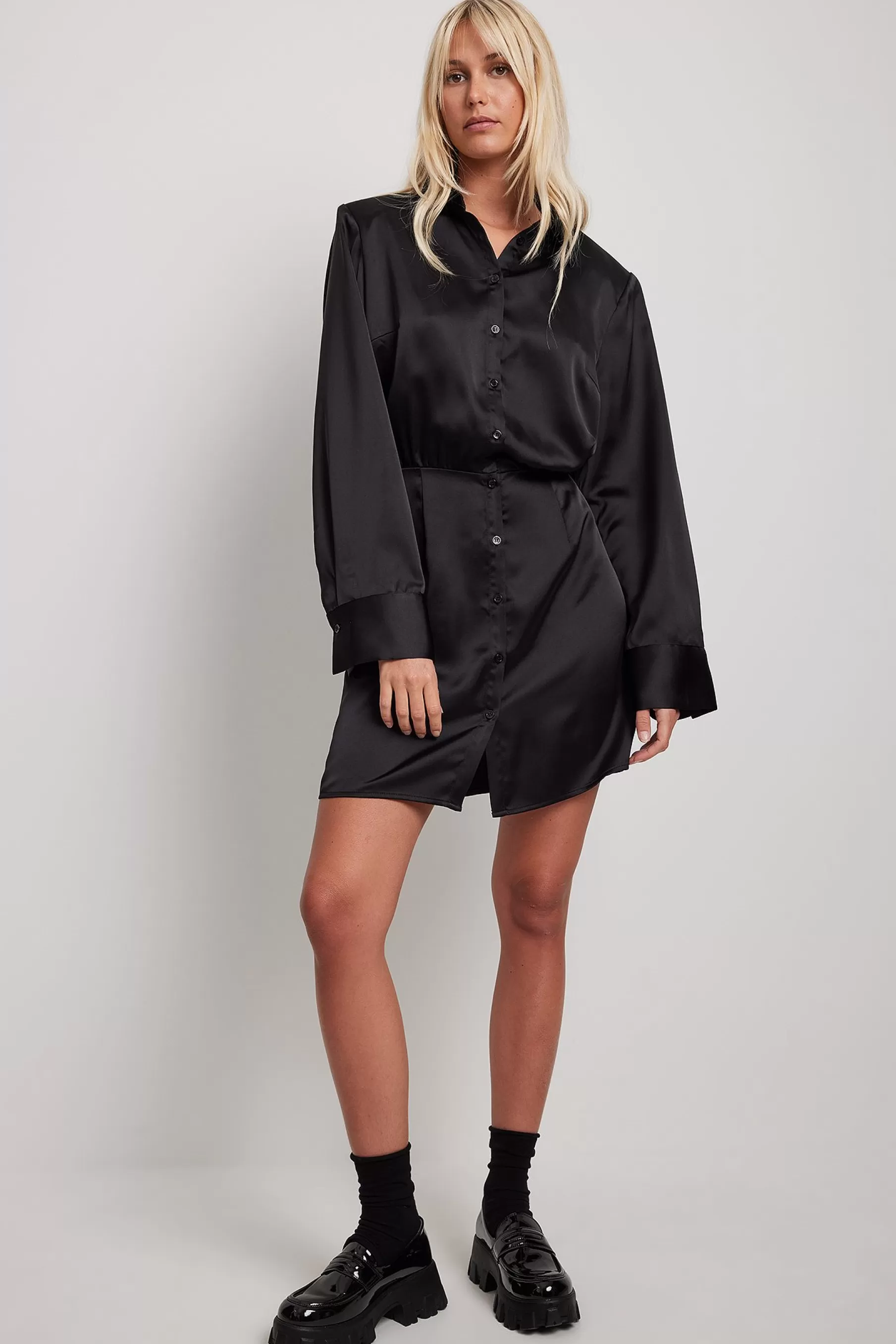 NA-KD Satin Shirt Mini Dress Black