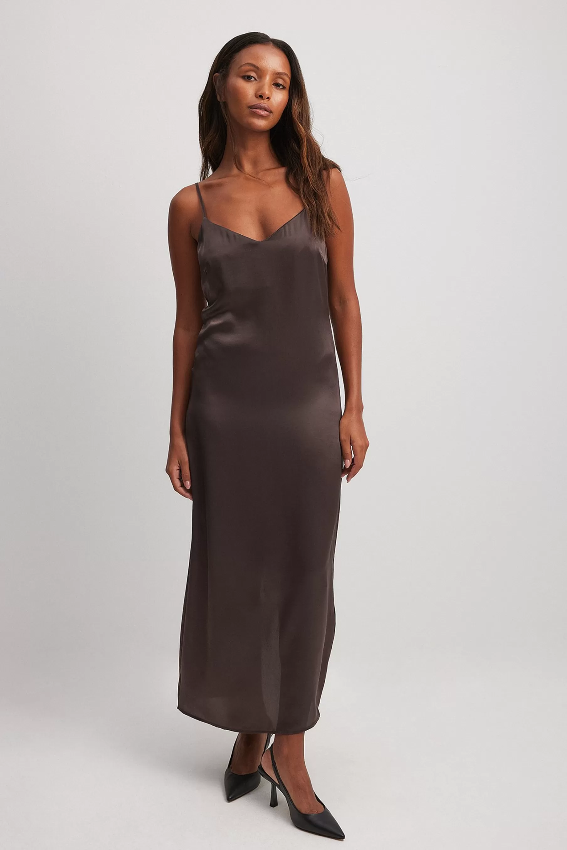 NA-KD Satin Slip Dress Brown