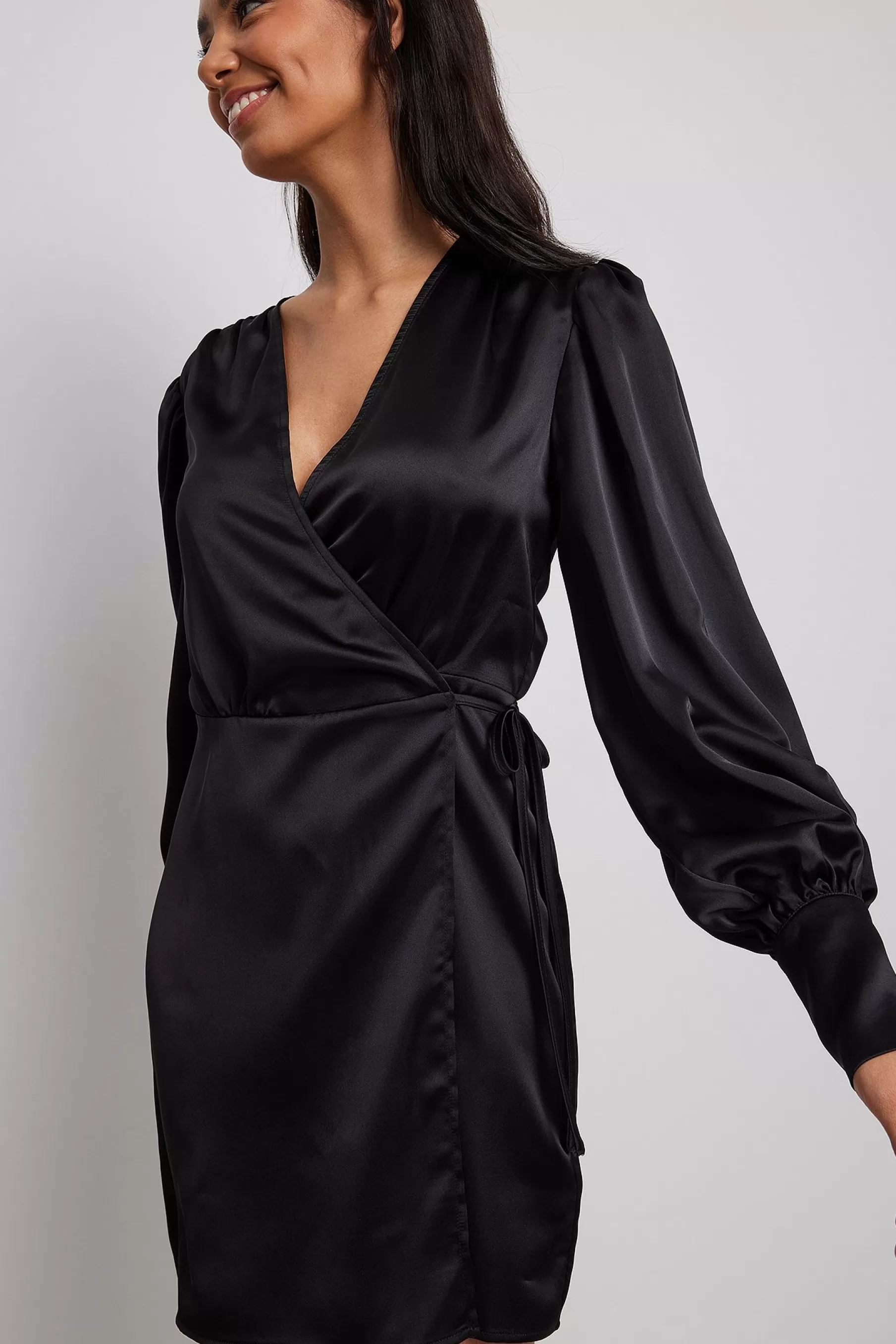 NA-KD Satin Wrap Mini Dress Black