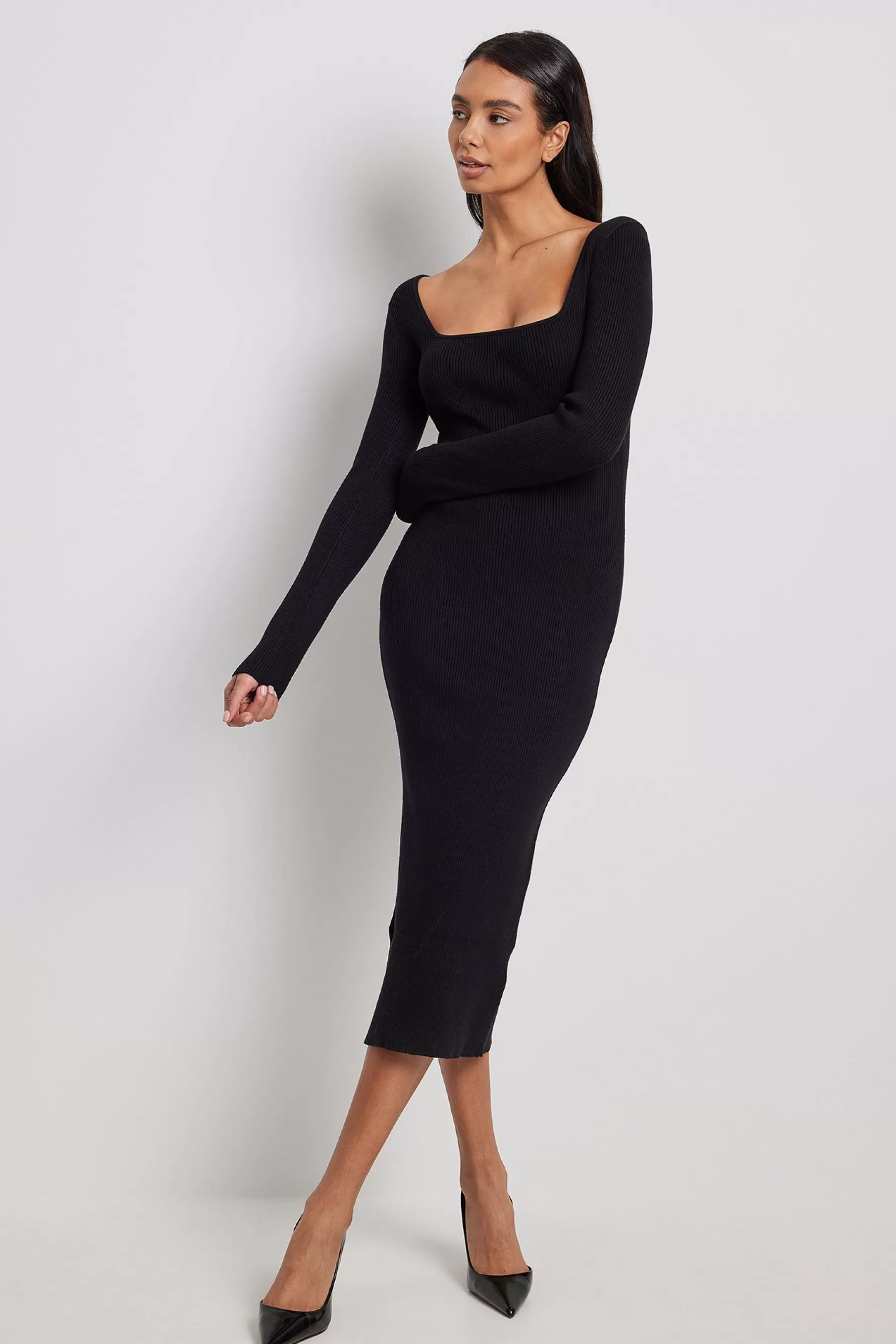 NA-KD Scoop Neck Midi Slit Dress Black