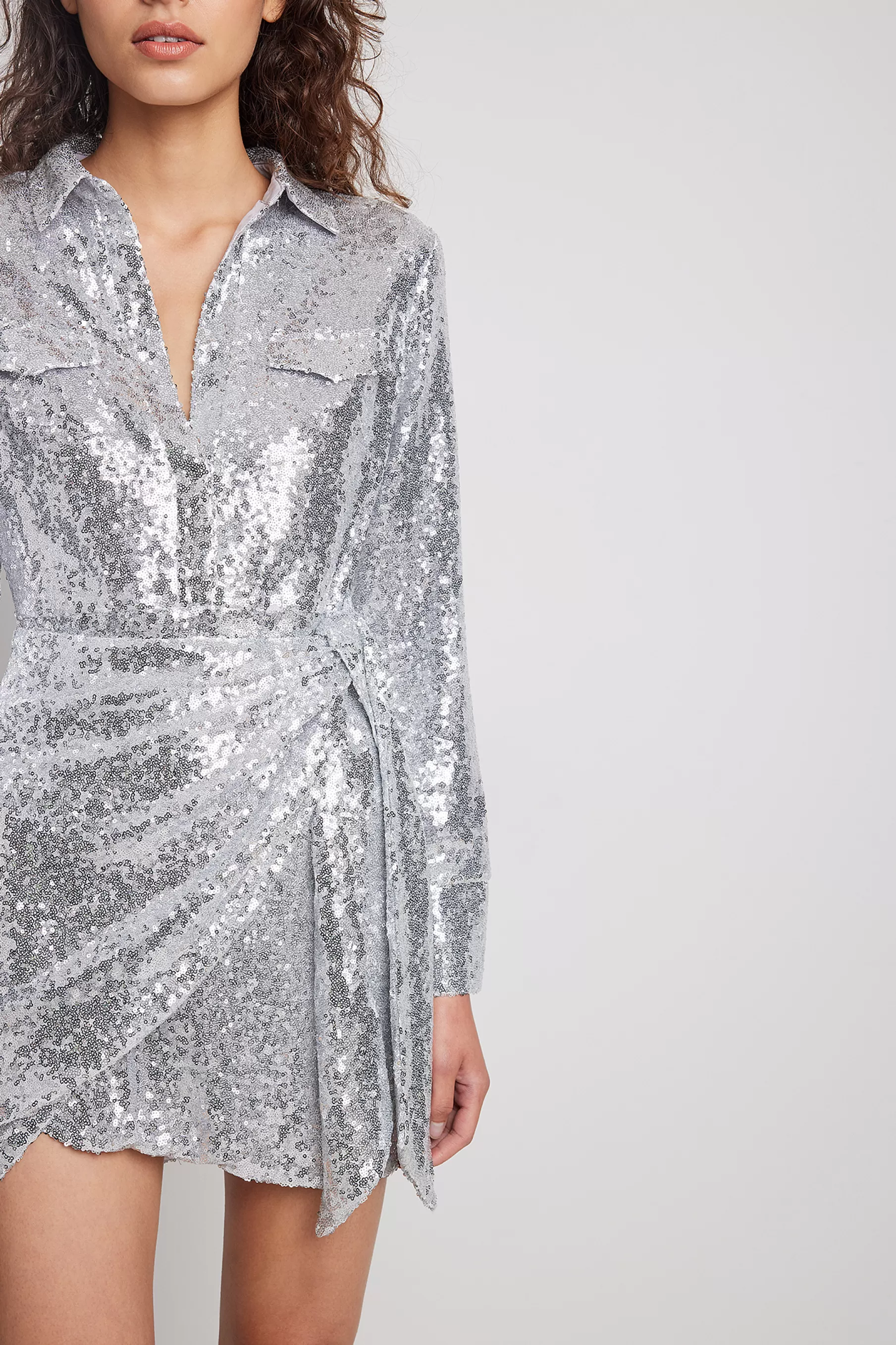 NA-KD Sequin Wrap Shirt Mini Dress Silver