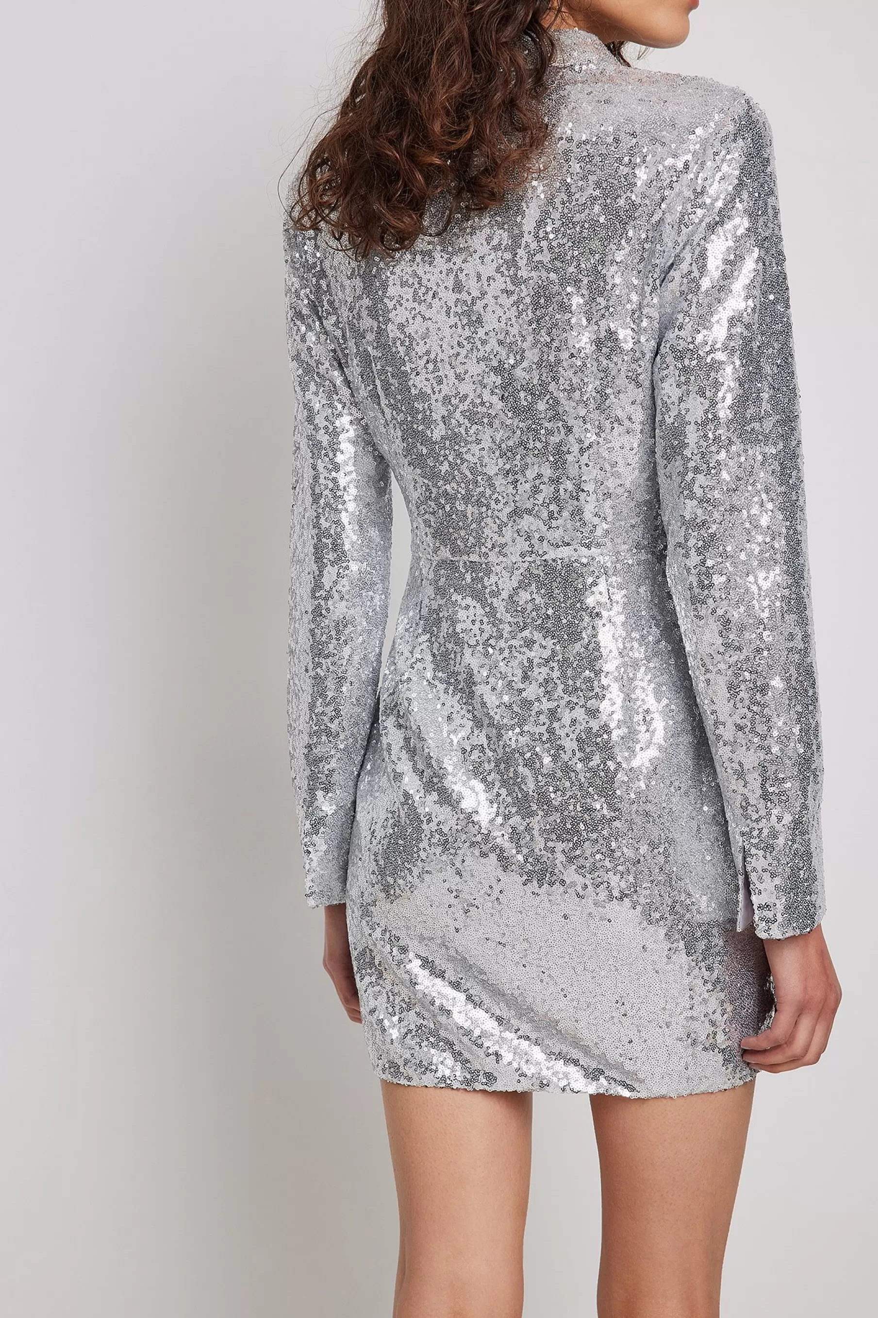 NA-KD Sequin Wrap Shirt Mini Dress Silver