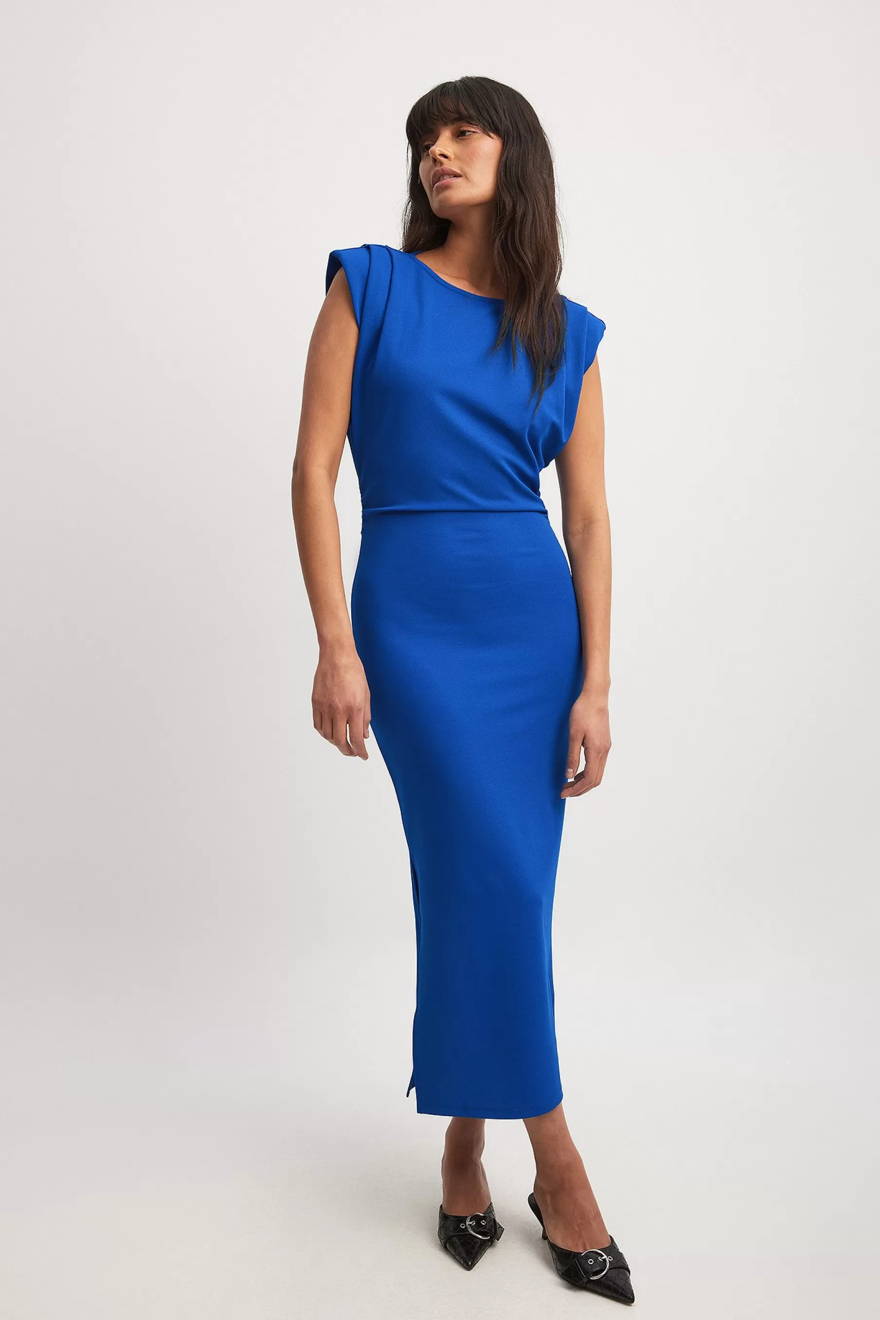 NA-KD Sharp Shoulder Midi Dress Blue