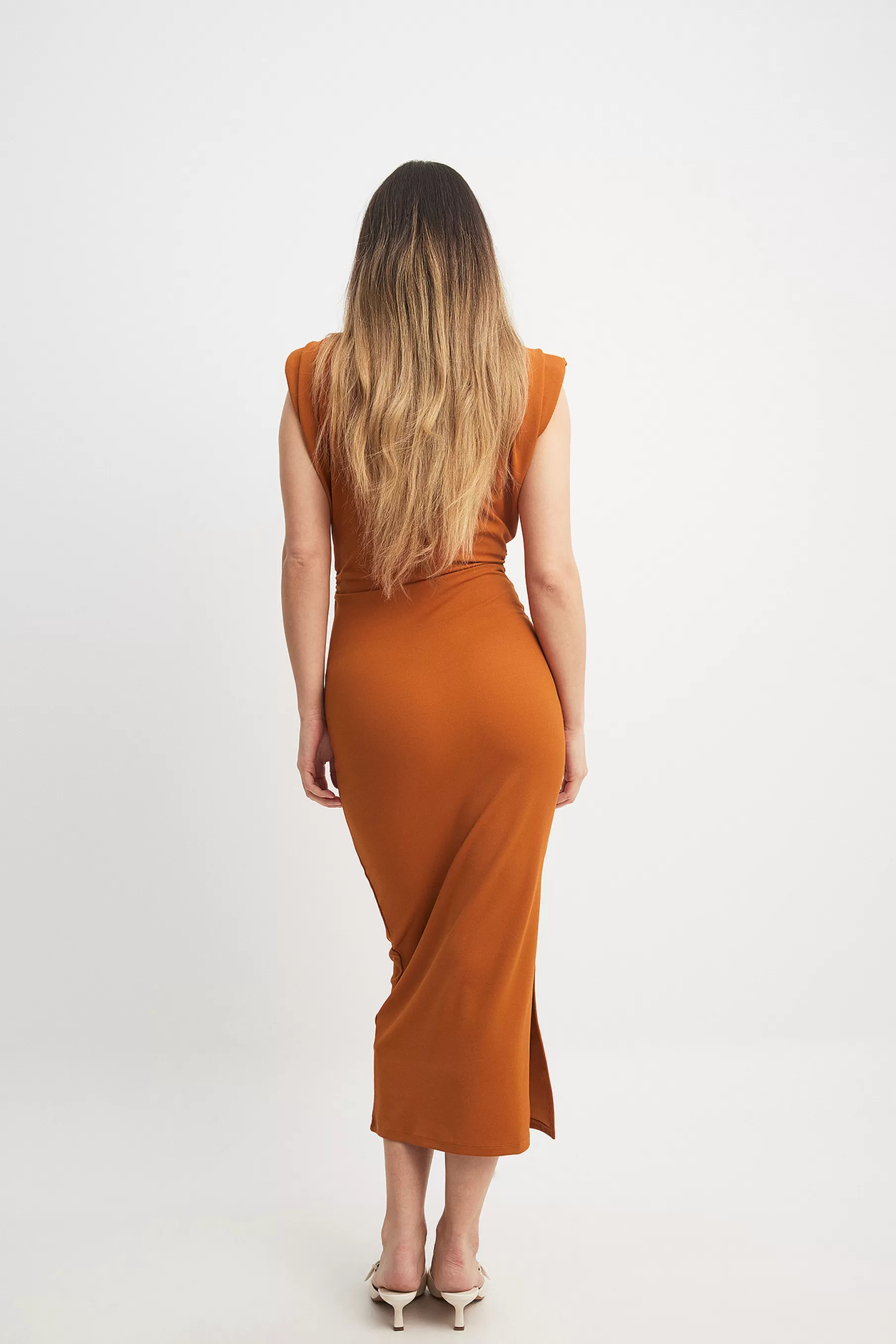 NA-KD Sharp Shoulder Midi Dress Orange