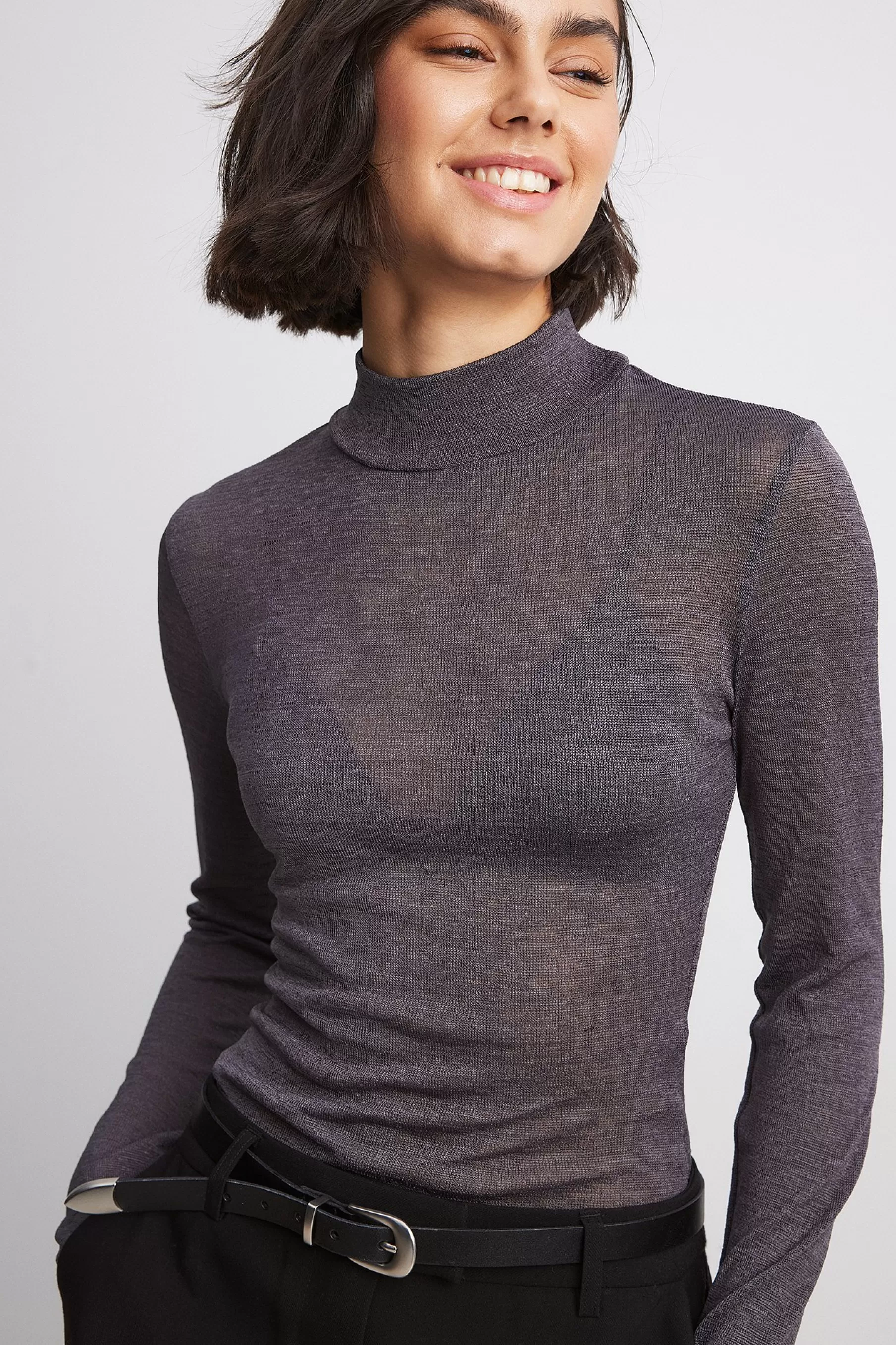 NA-KD Sheer Collar Top Grey