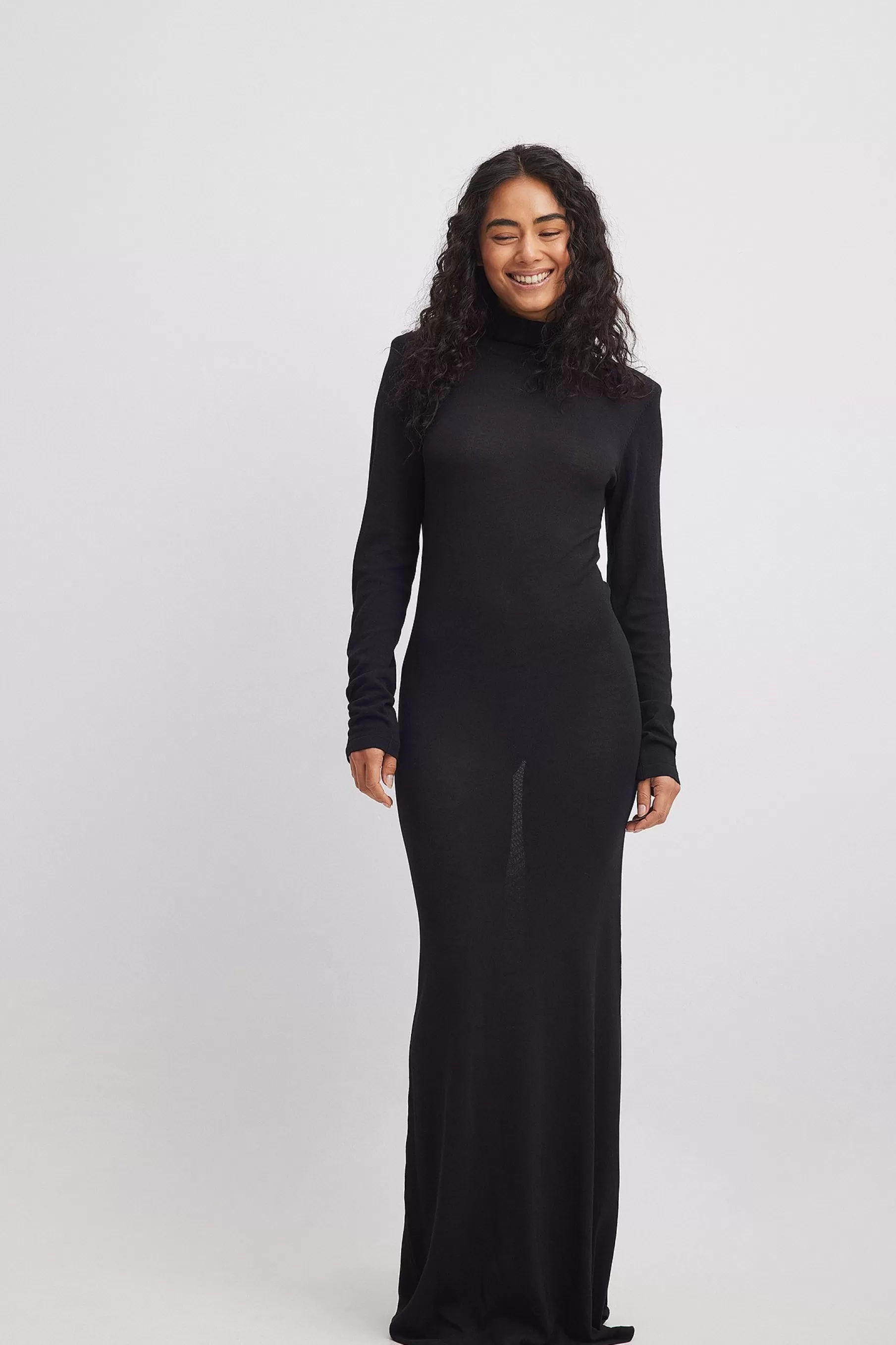 NA-KD Sheer Knitted High Neck Maxi Dress Black