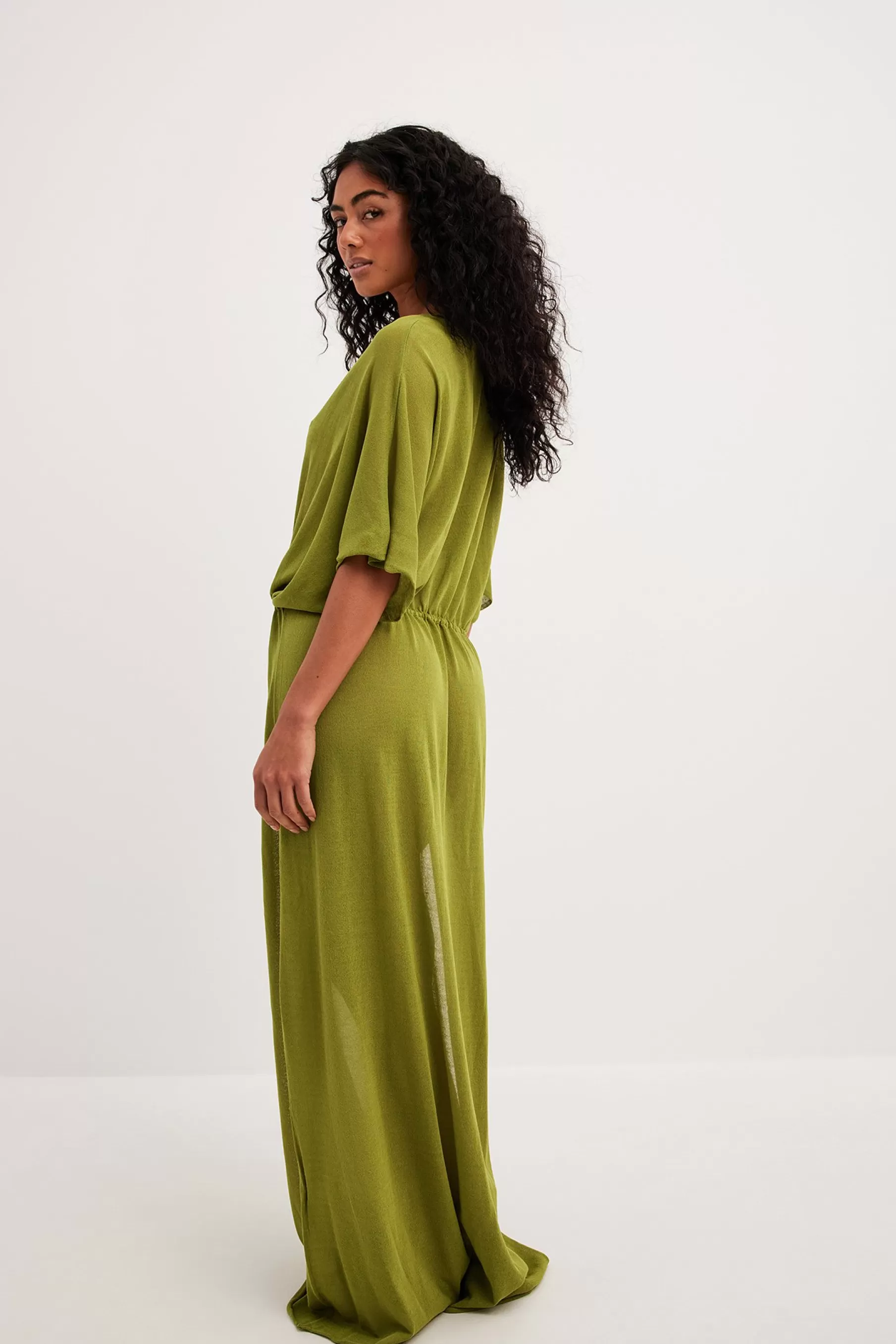 NA-KD Sheer Knitted V-neckdrop Maxi Dress Green