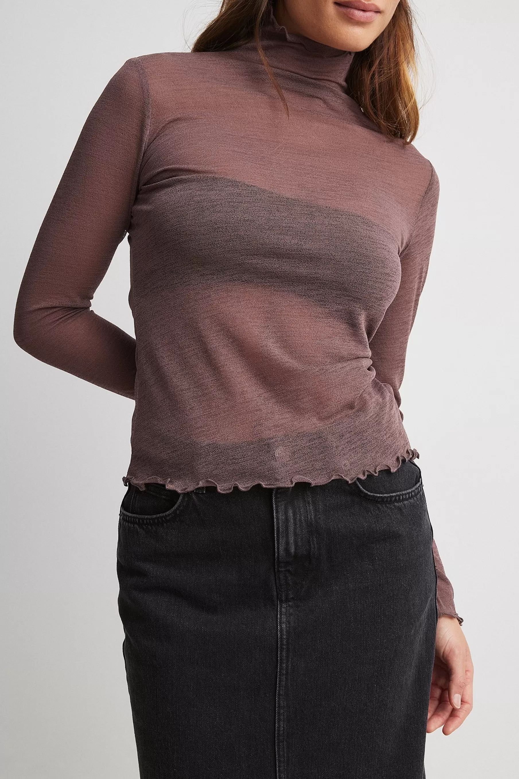 NA-KD Sheer Long Sleeve Top Brown