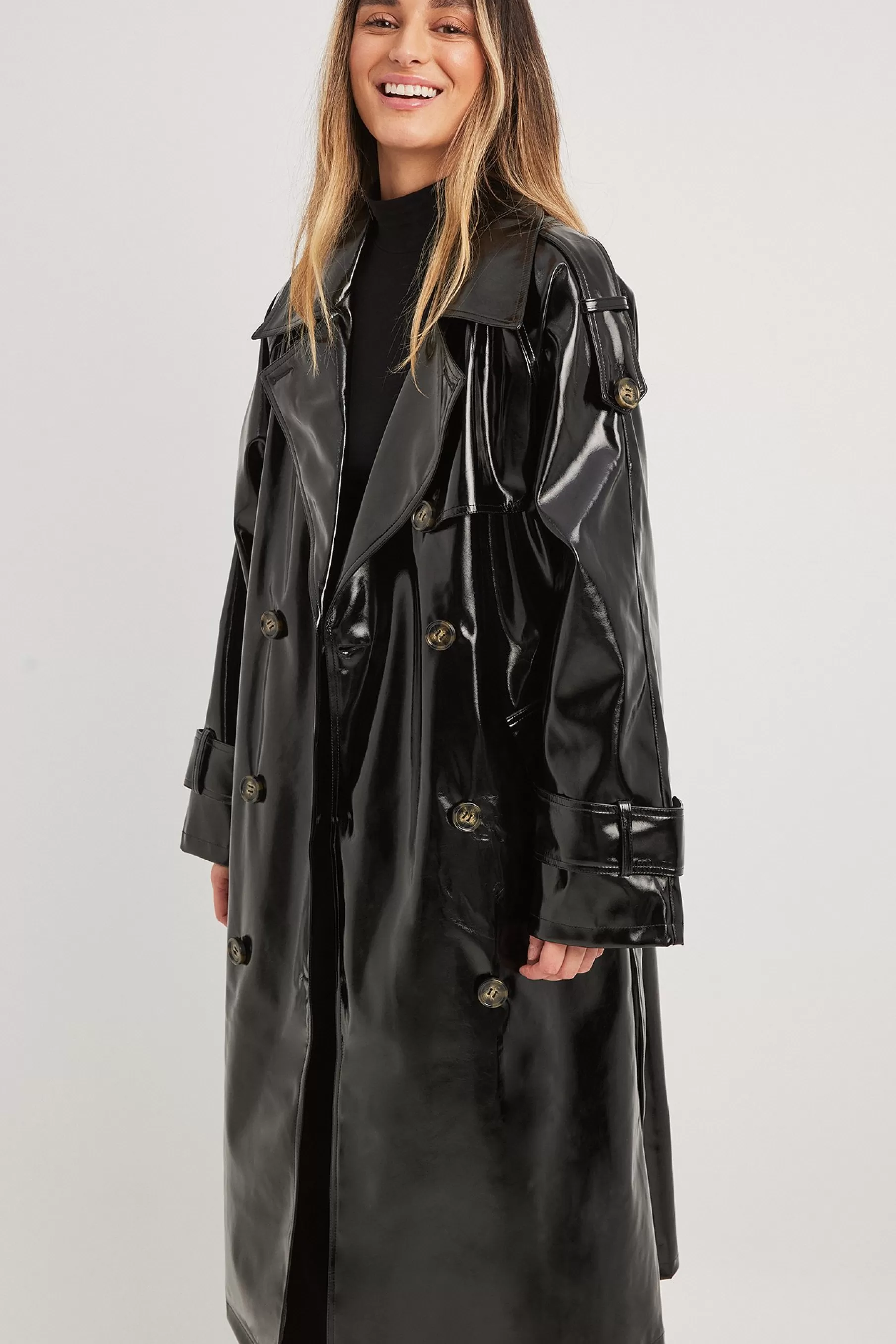 NA-KD Shiny PU Belted Trench Coat Black