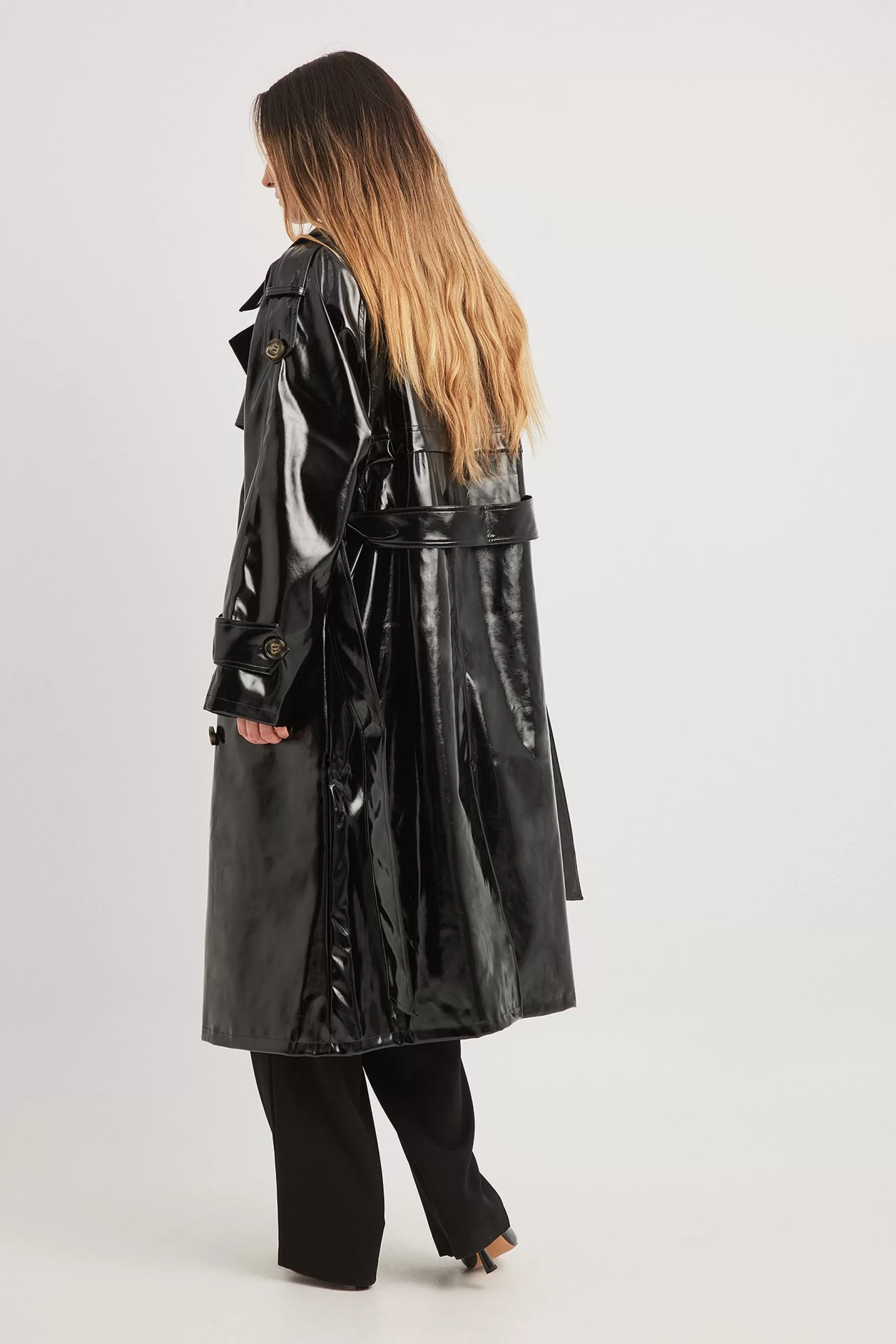 NA-KD Shiny PU Belted Trench Coat Black