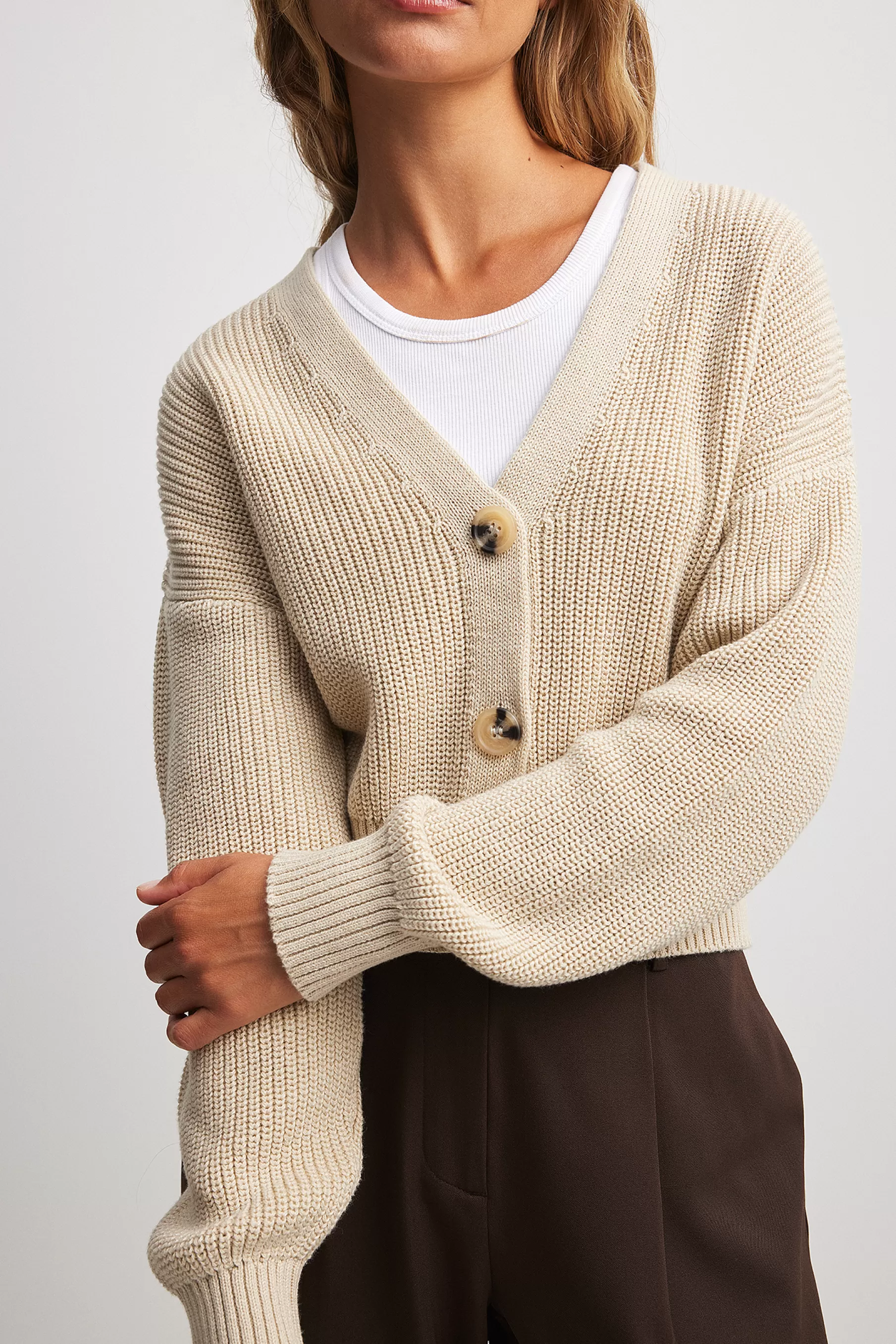 NA-KD Short Knitted Cardigan Beige