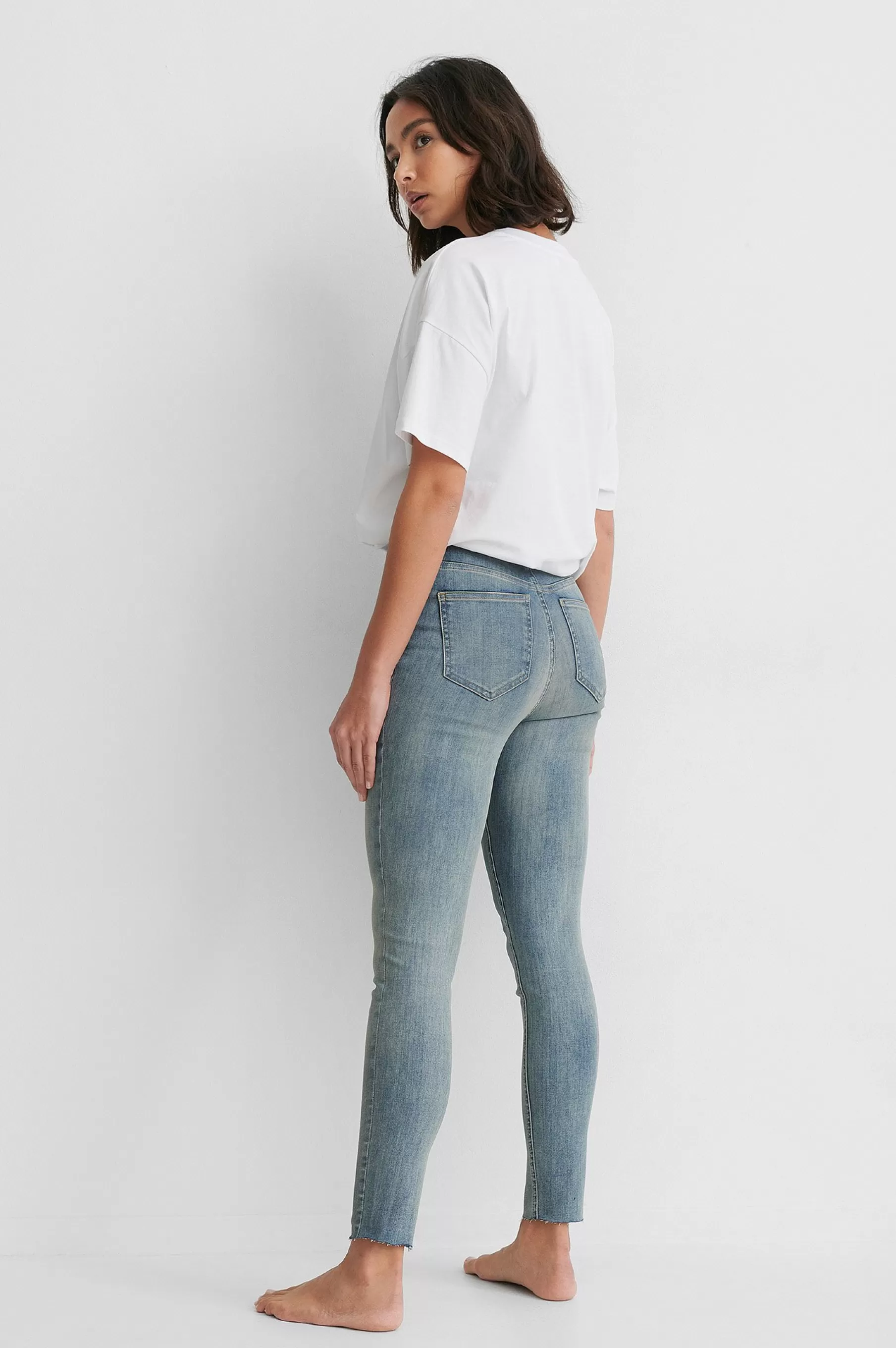 NA-KD Skinny High Waist Raw Hem Jeans Blue