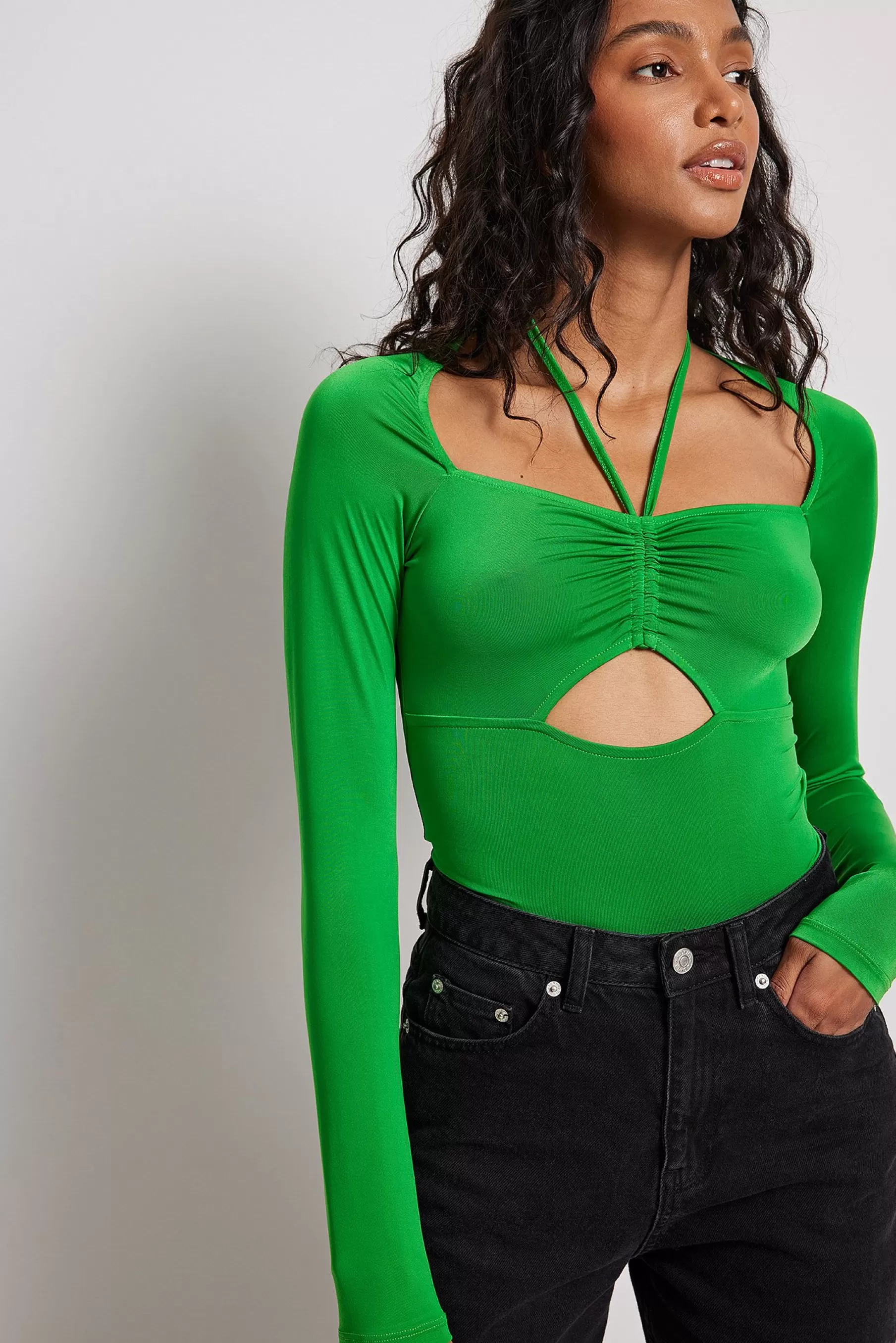 NA-KD Slinky Strap Detail Top Green