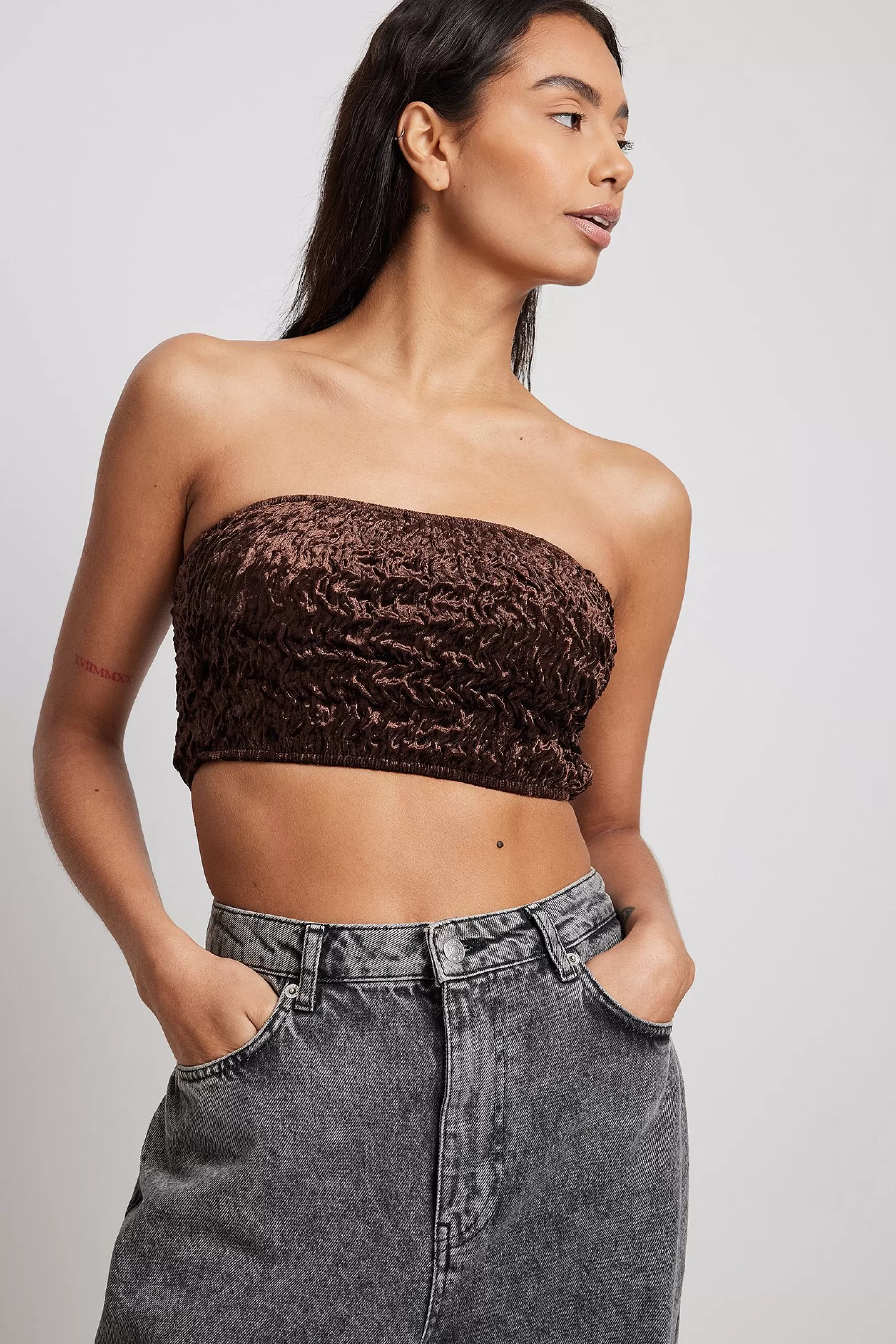 NA-KD Smock Velvet Bandeau Top Brown