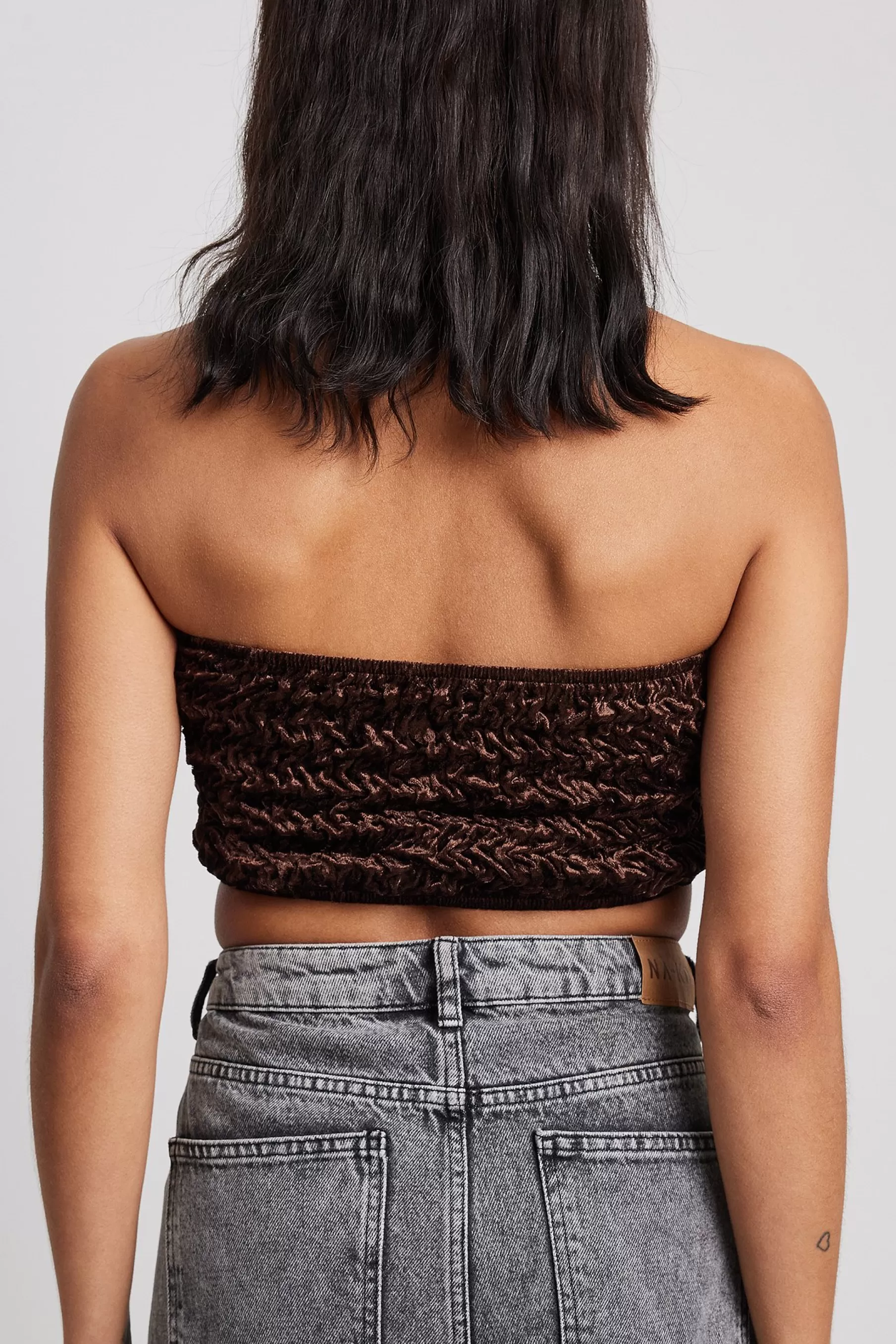 NA-KD Smock Velvet Bandeau Top Brown