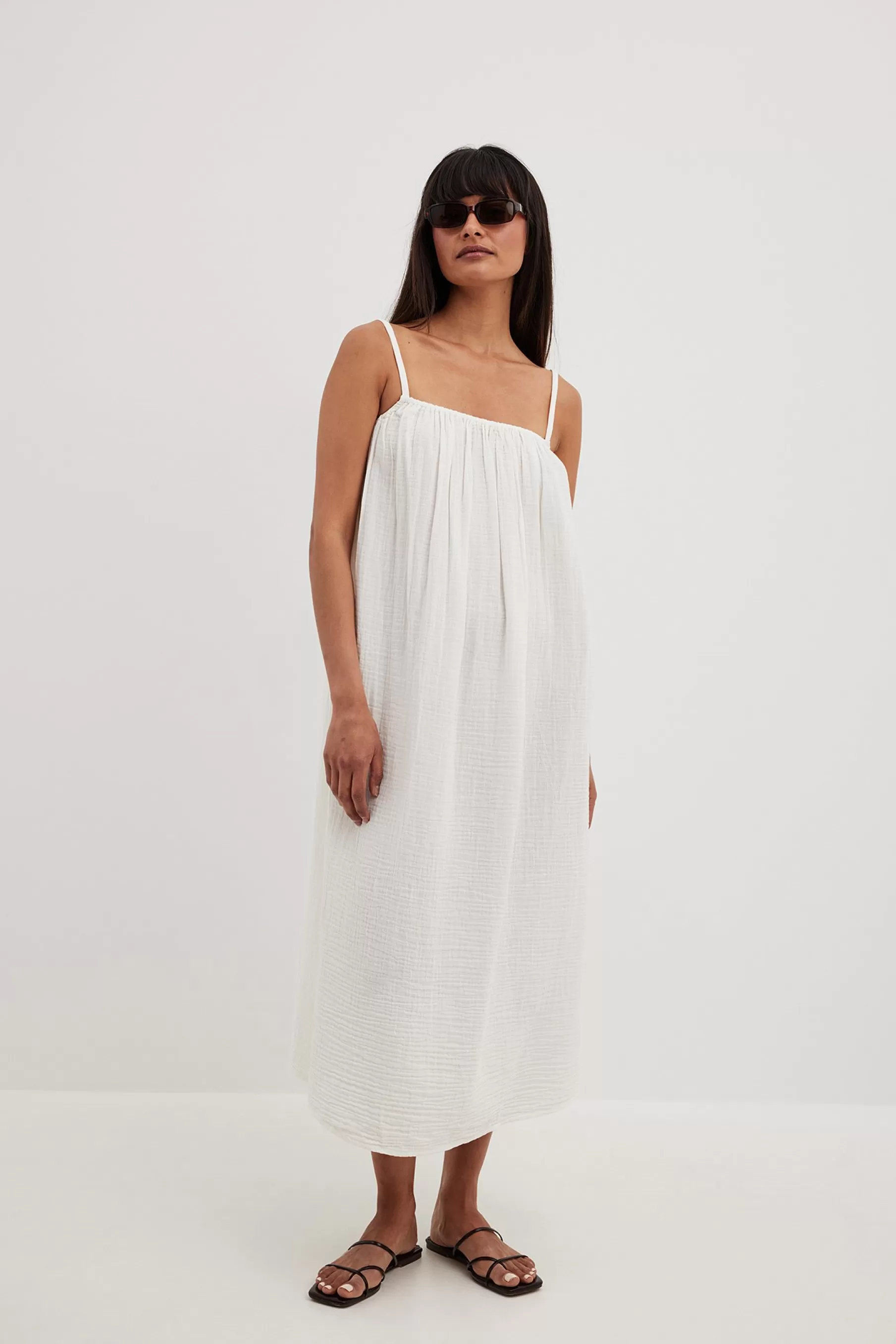 NA-KD Soft Cotton Tie Back Midi Dress Offwhite