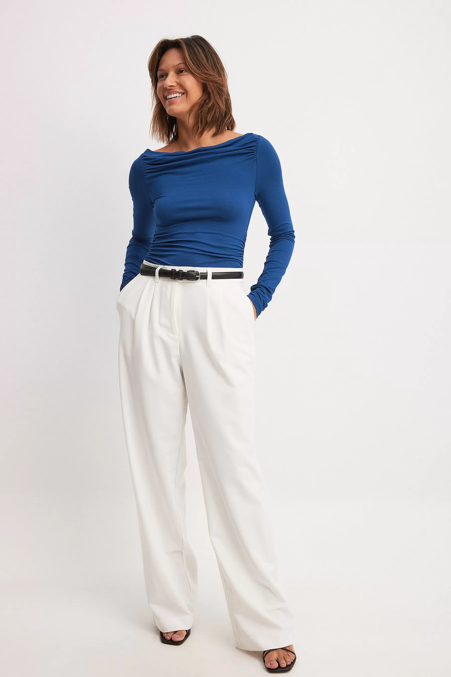 NA-KD Soft Line Draped Long Sleeve Top Blue