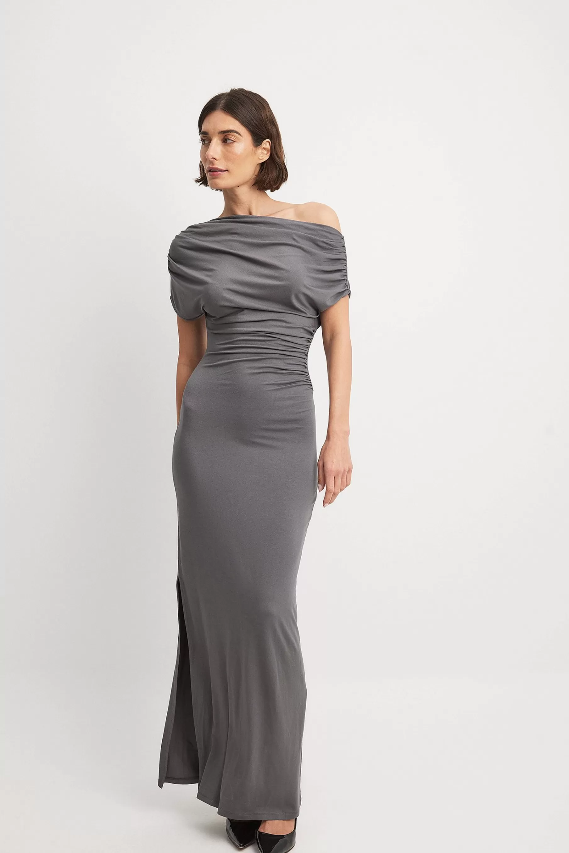 NA-KD Soft Line Draped Midi Dress Grey