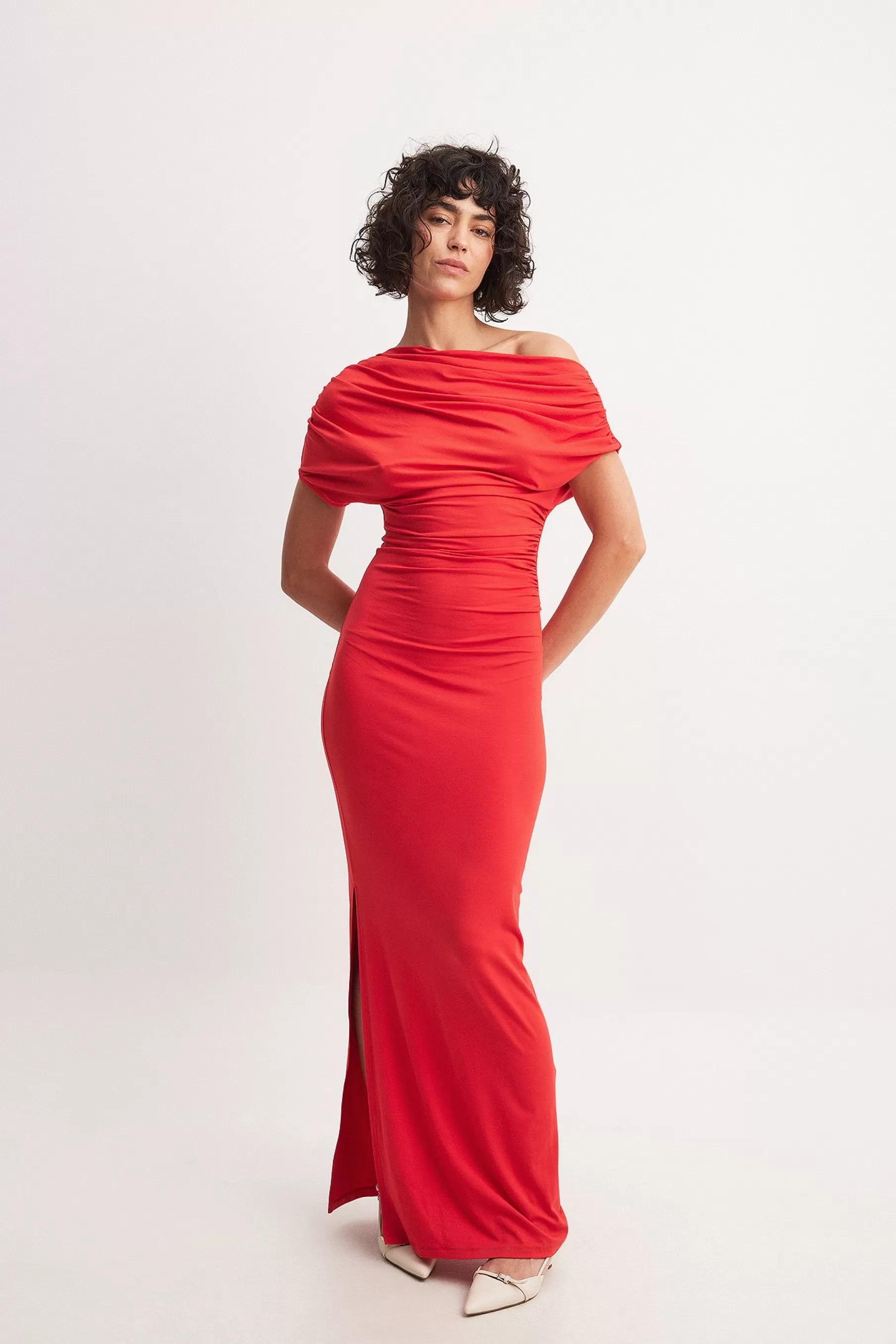 NA-KD Soft Line Draped Midi Dress Red