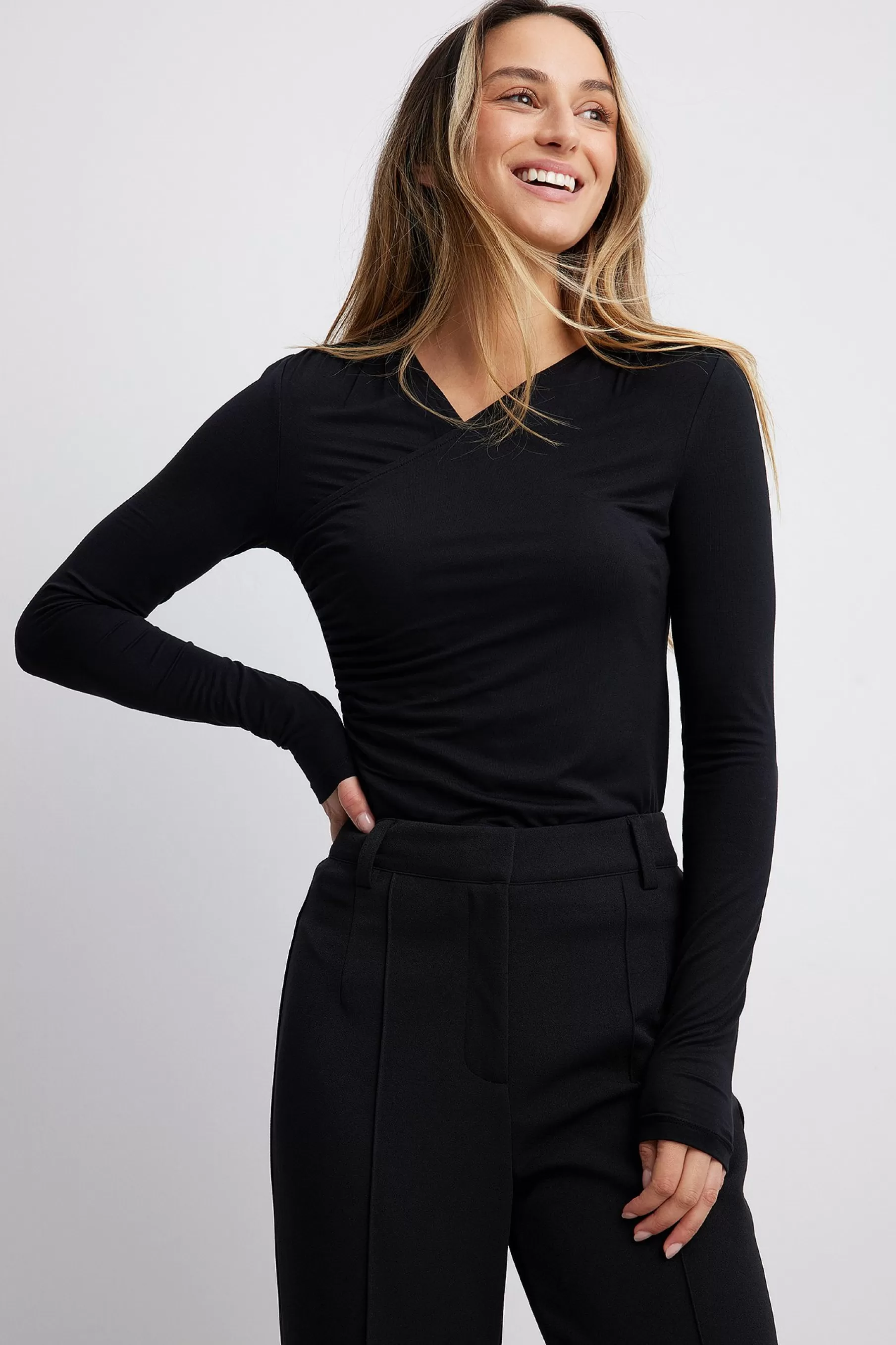 NA-KD Soft Line Draped Top Black