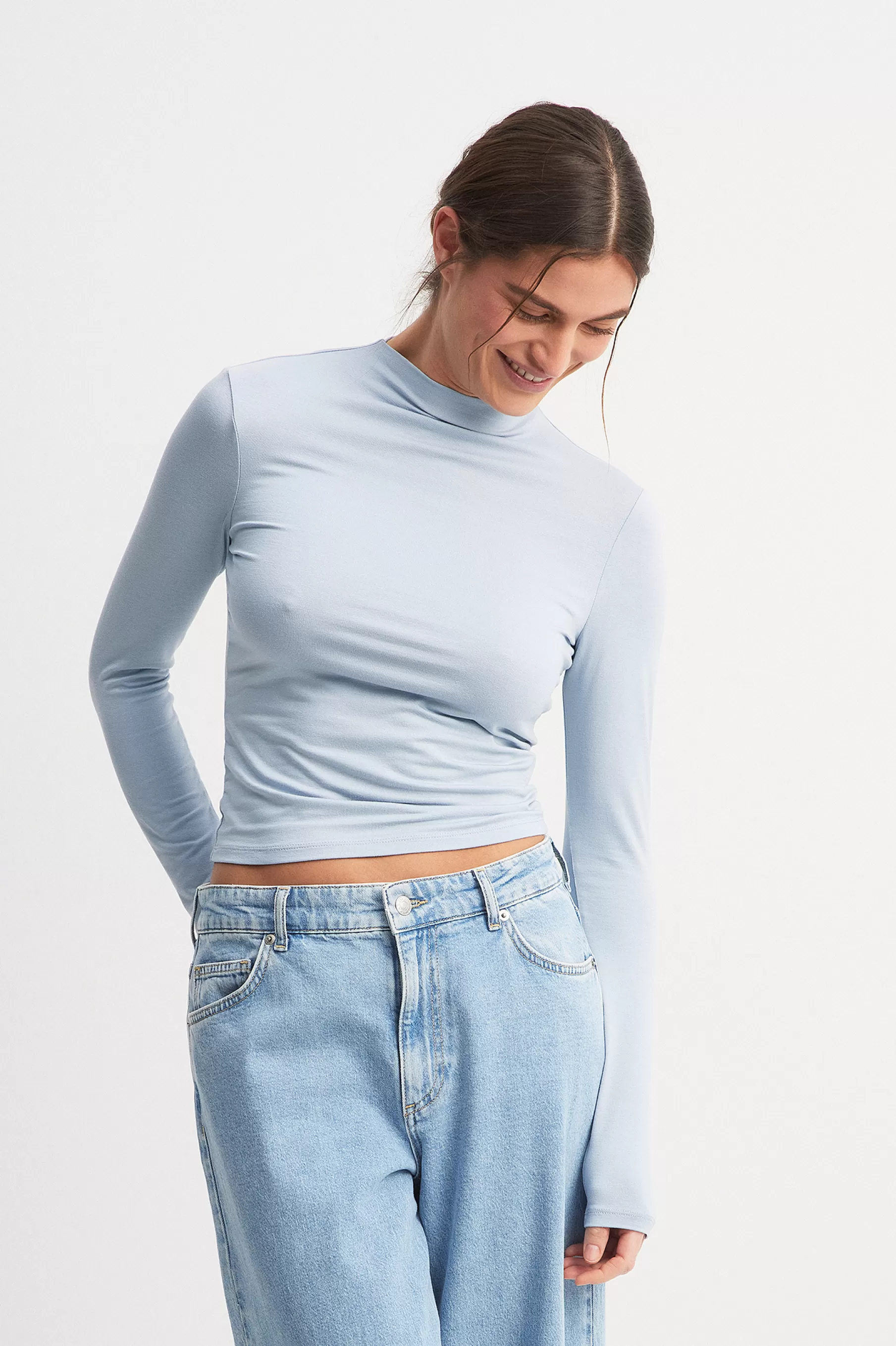 NA-KD Soft Line Funnel Neck Long Sleeve Top Blue