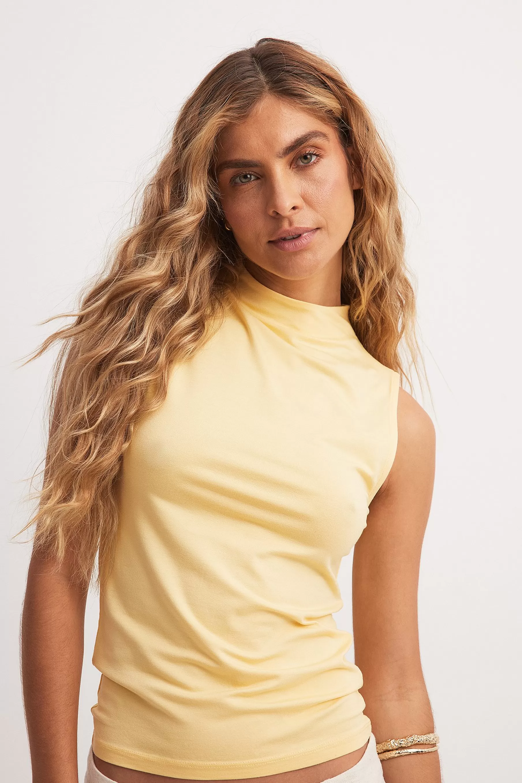 NA-KD Soft Line Funnel Neck Top Yellow