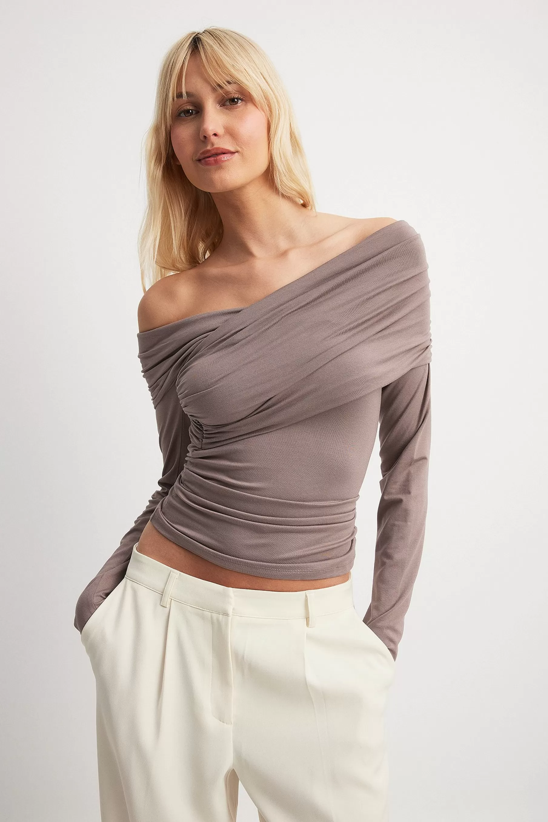 NA-KD Soft Line Off Shoulder Draped Top Brown