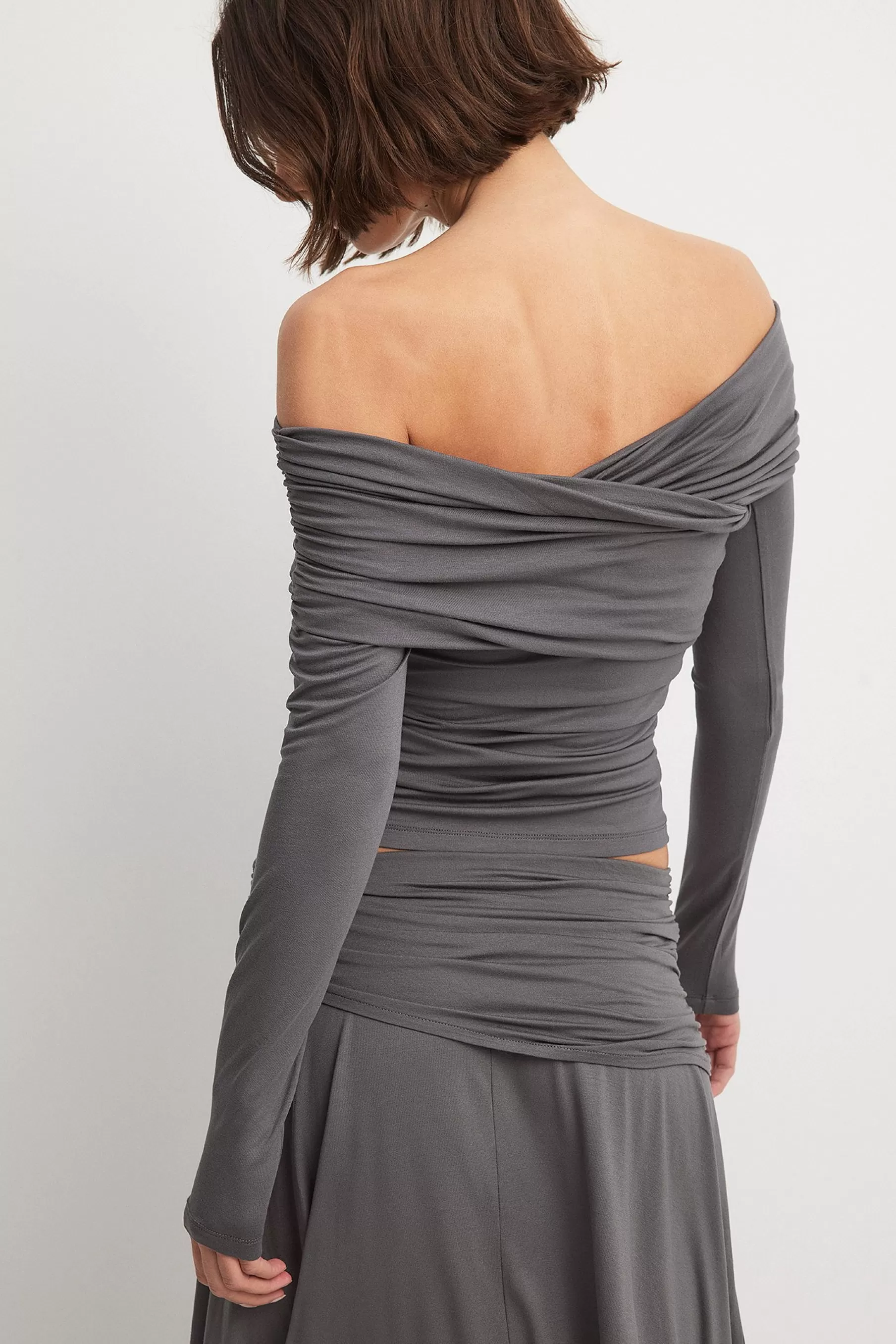 NA-KD Soft Line Off Shoulder Draped Top Grey