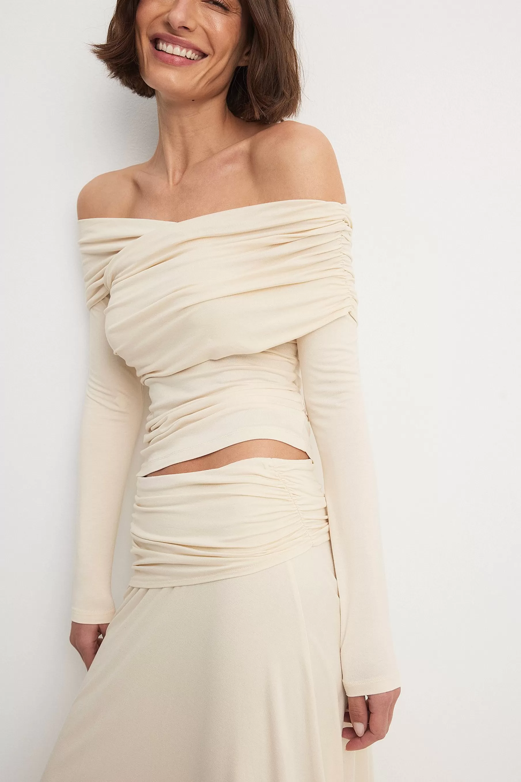 NA-KD Soft Line Off Shoulder Draped Top Offwhite