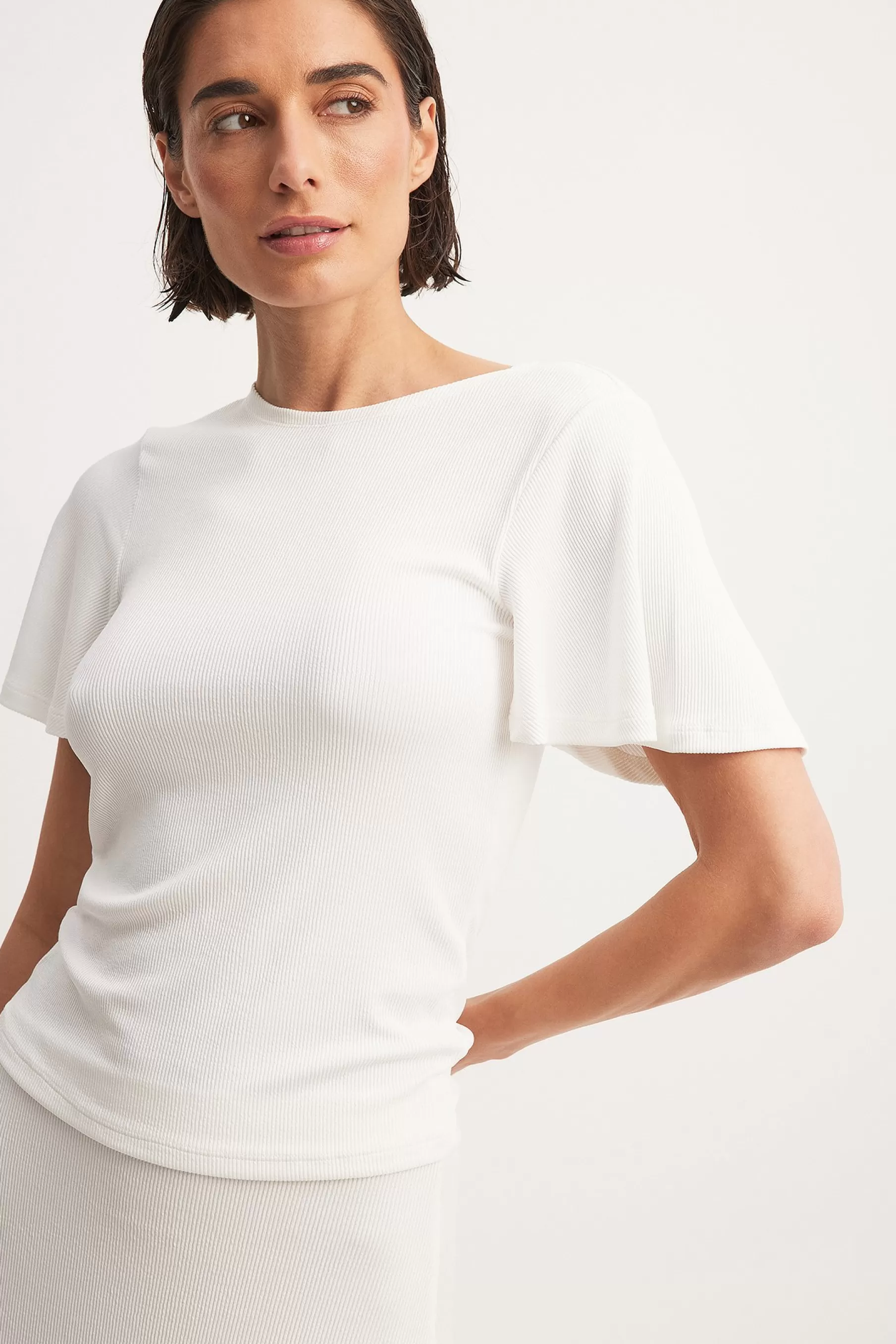 NA-KD Soft Rib Butterfly Sleeve Top White