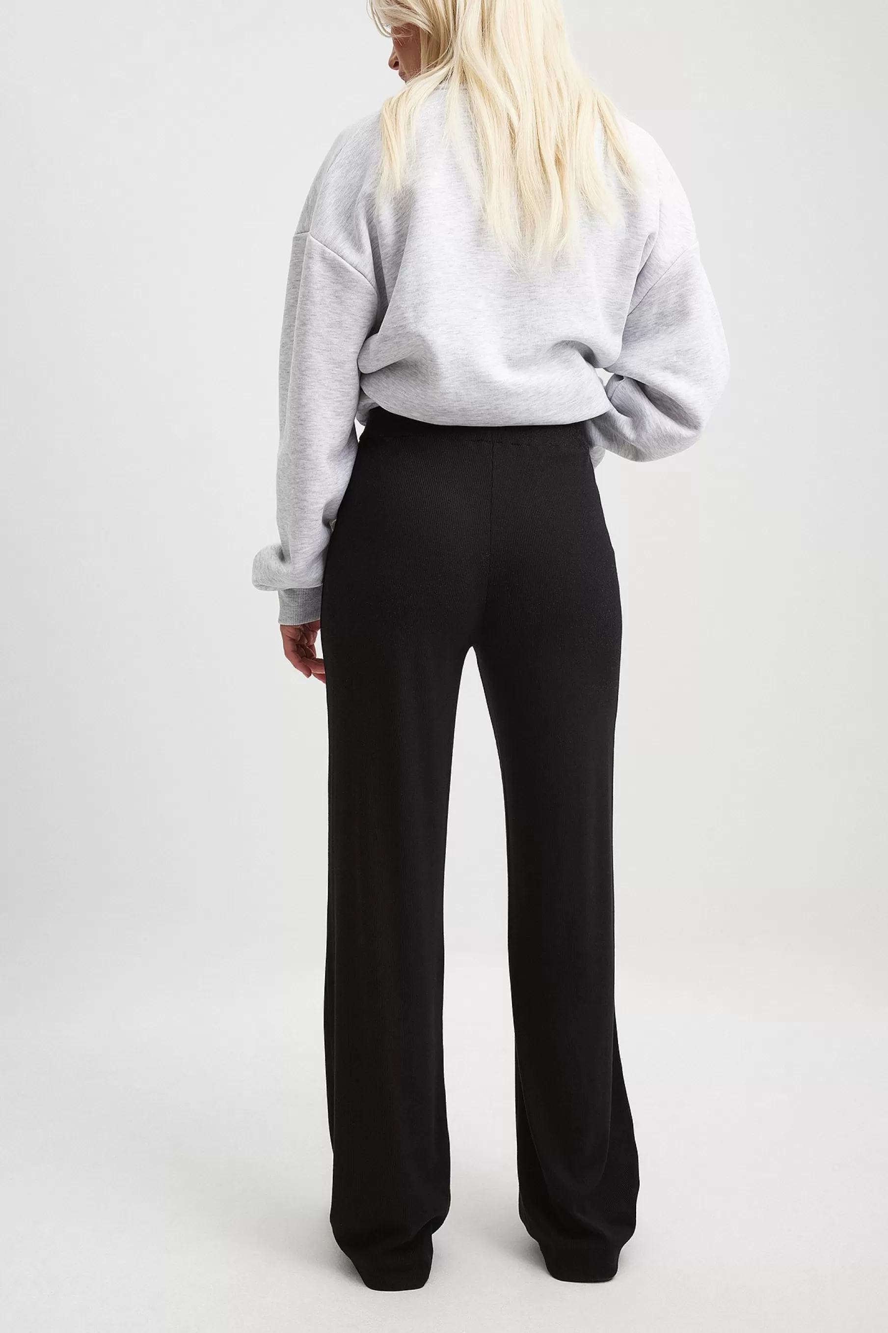 NA-KD Soft Ribbed Wide Pants Black