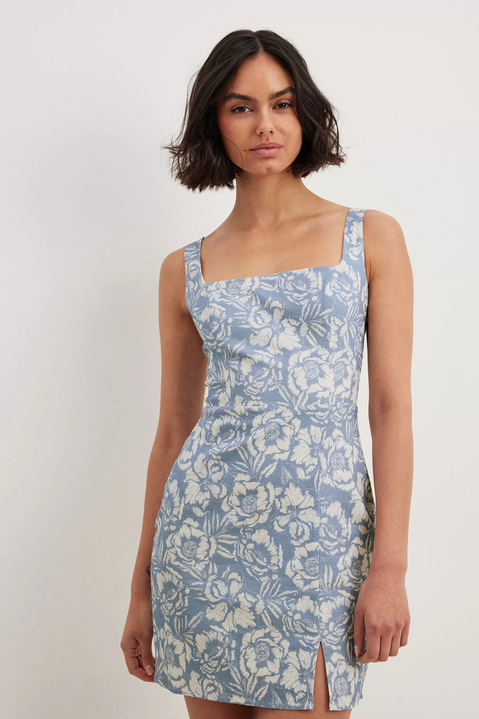 NA-KD Square Neck Linen Mix Mini Dress Blue