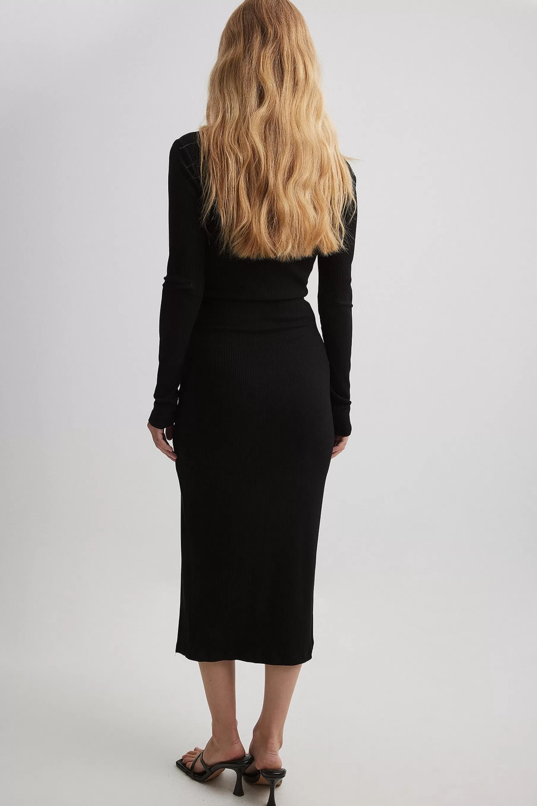 NA-KD Square Neck Slit Rib Dress Black