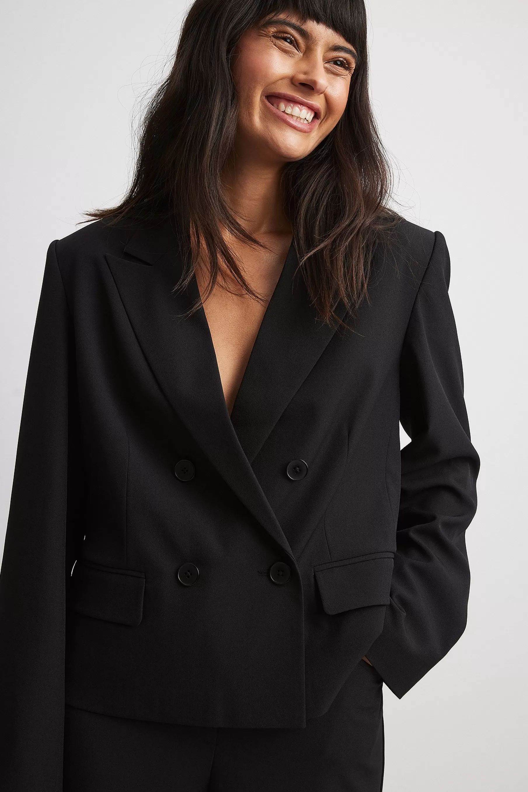 NA-KD Straight Double Breasted Cropped Blazer Black