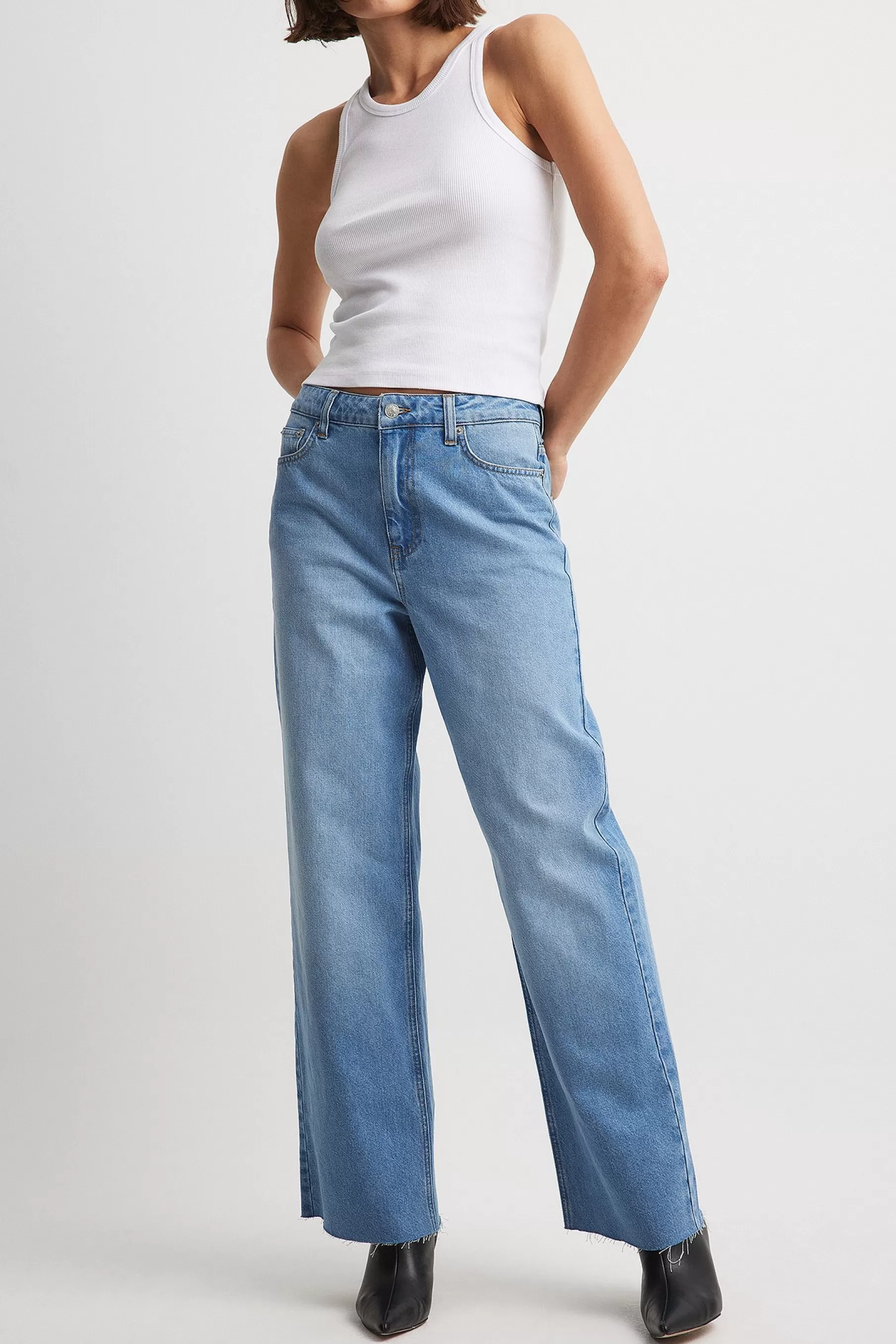 NA-KD Straight High Waist Back Detail Denim Blue