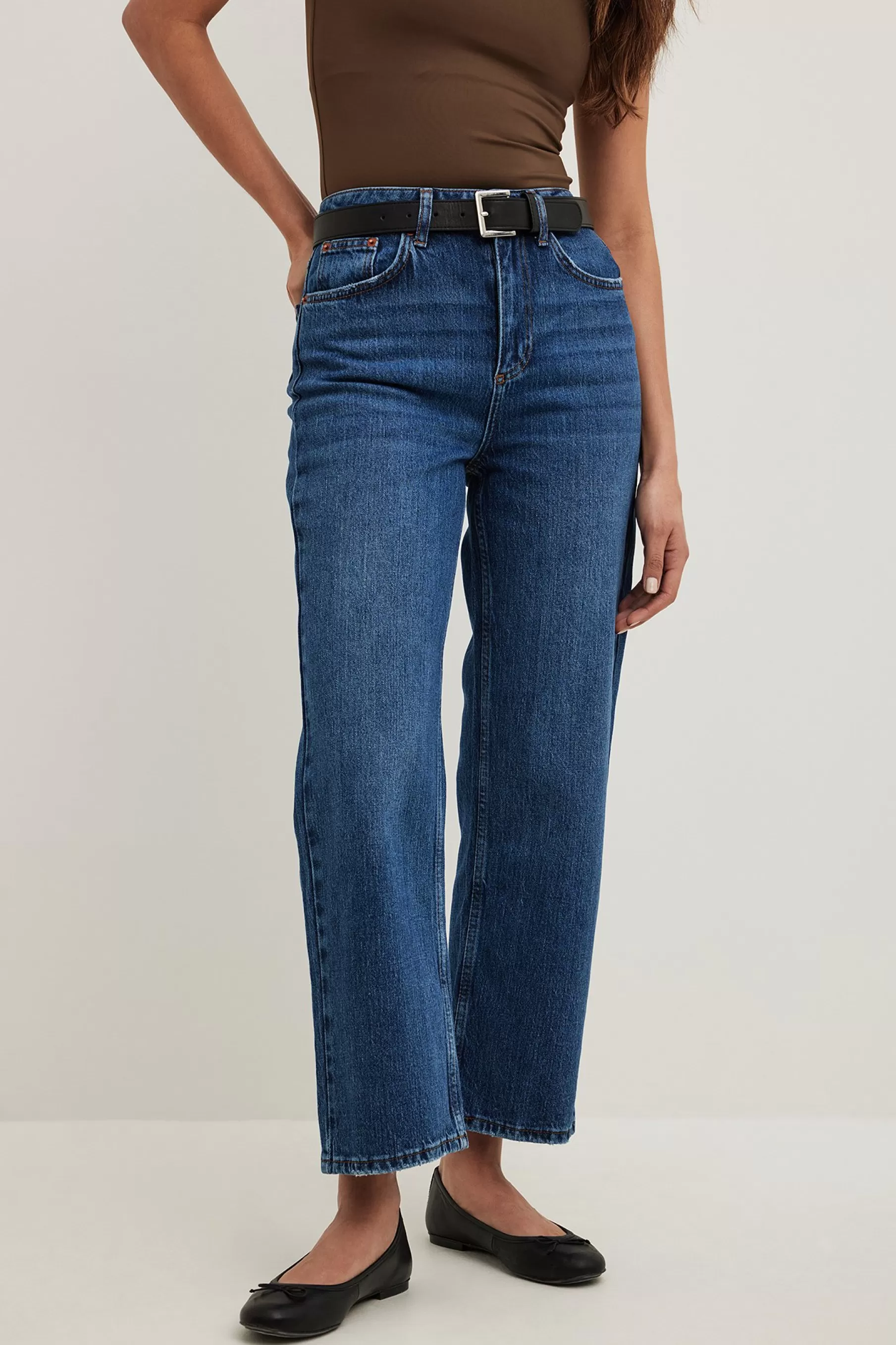 NA-KD Straight High Waist Cropped Jeans Blue