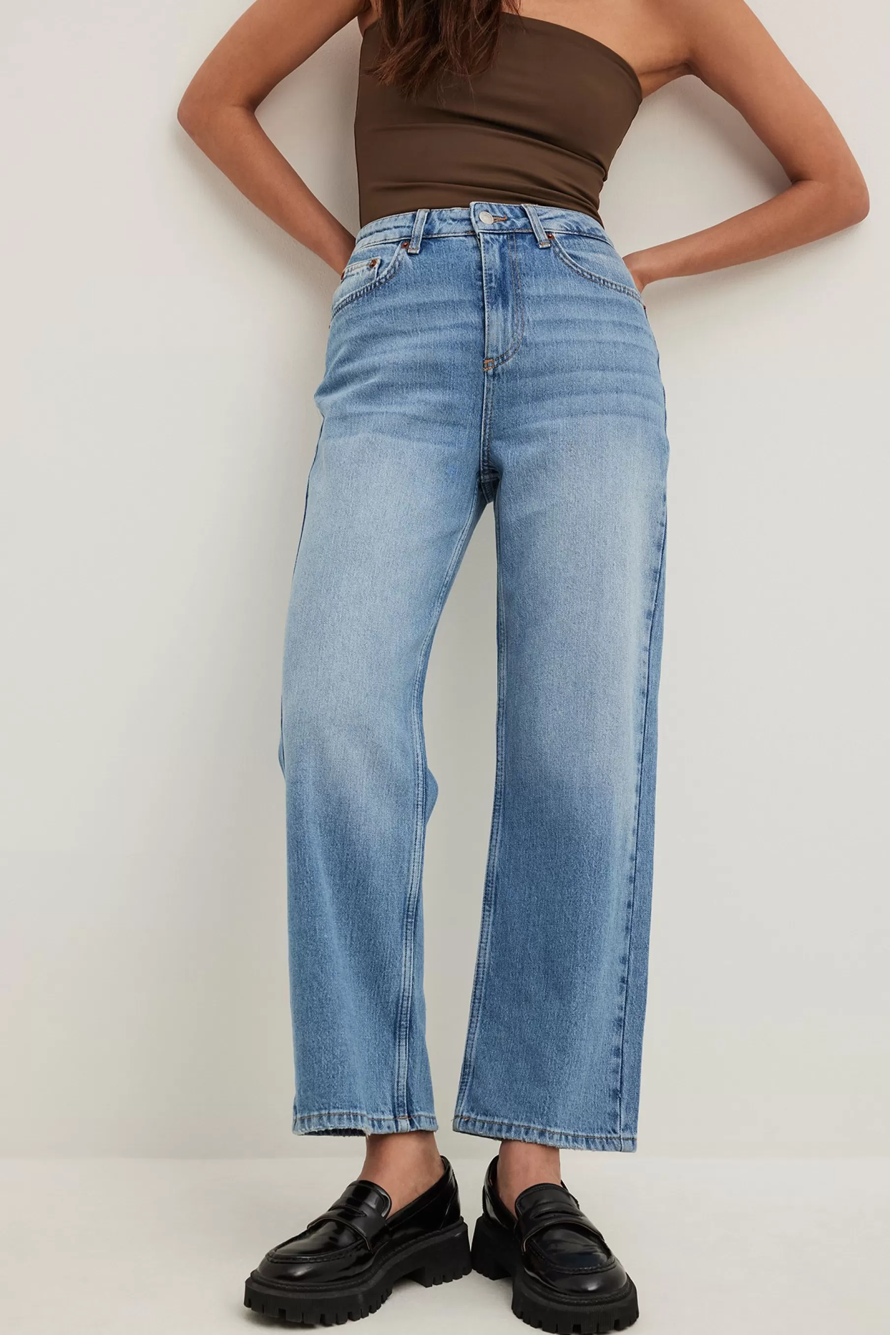 NA-KD Straight High Waist Cropped Jeans Blue