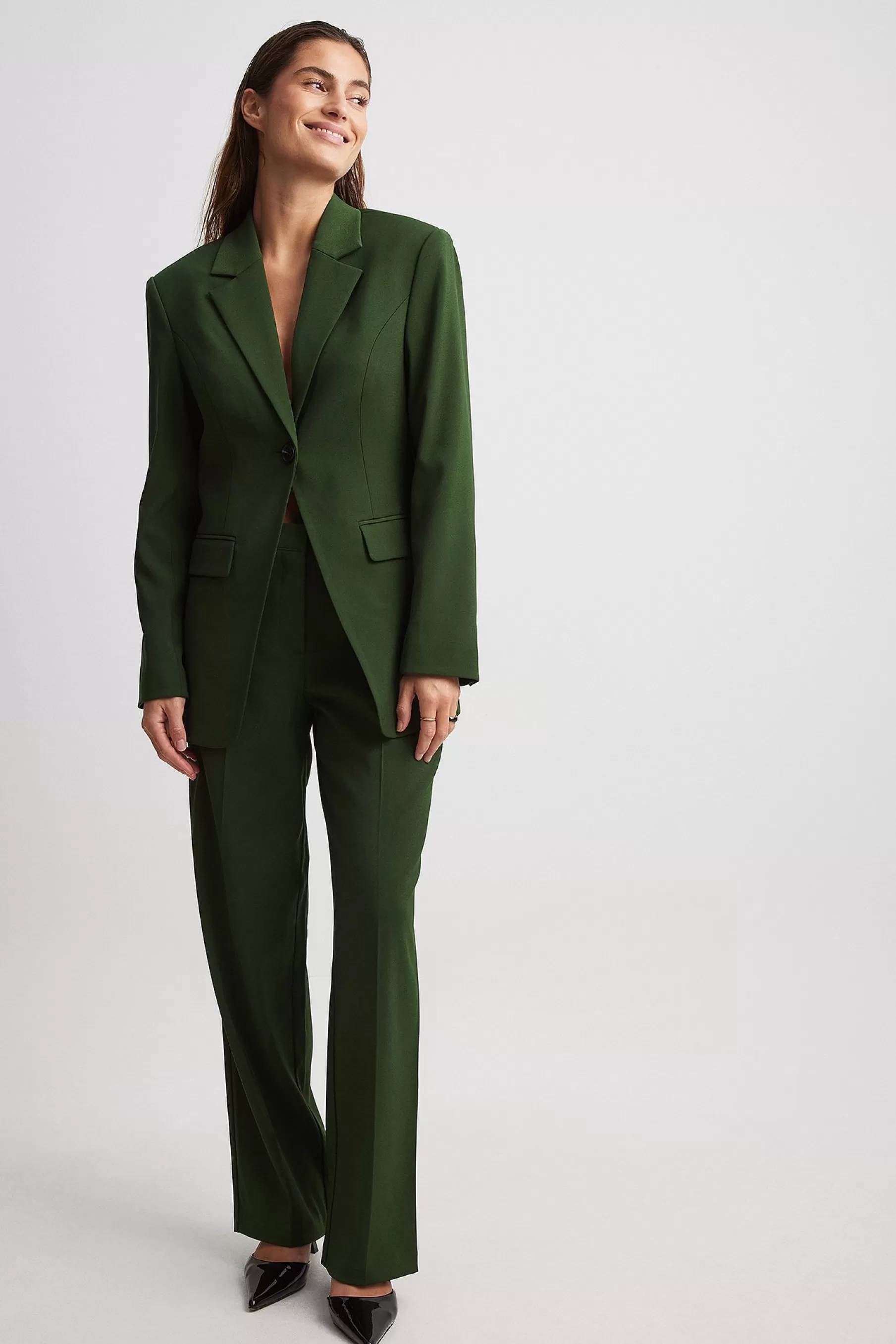 NA-KD Straight Low Waist Suit Pants Green